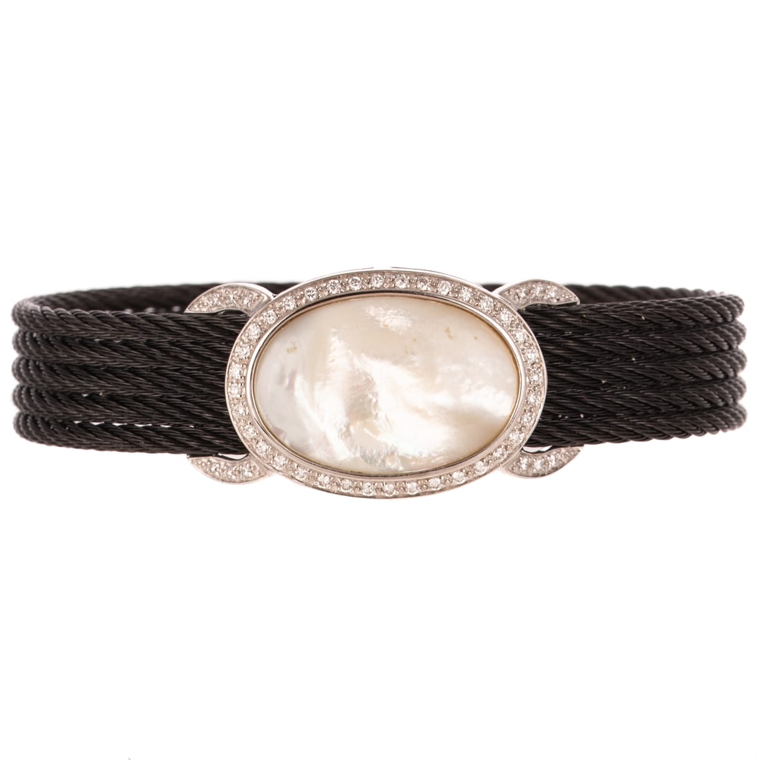 A Charriol Diamond & MOP Bracelet in 18K & Steel: Brand new Charriol Celtic Noir cable bracelet in 18K white gold and five rows of black steel with central oval MOP bezel set with bead set diamonds weighing approx. 0.44 ctw, slide bar clasp, signed C