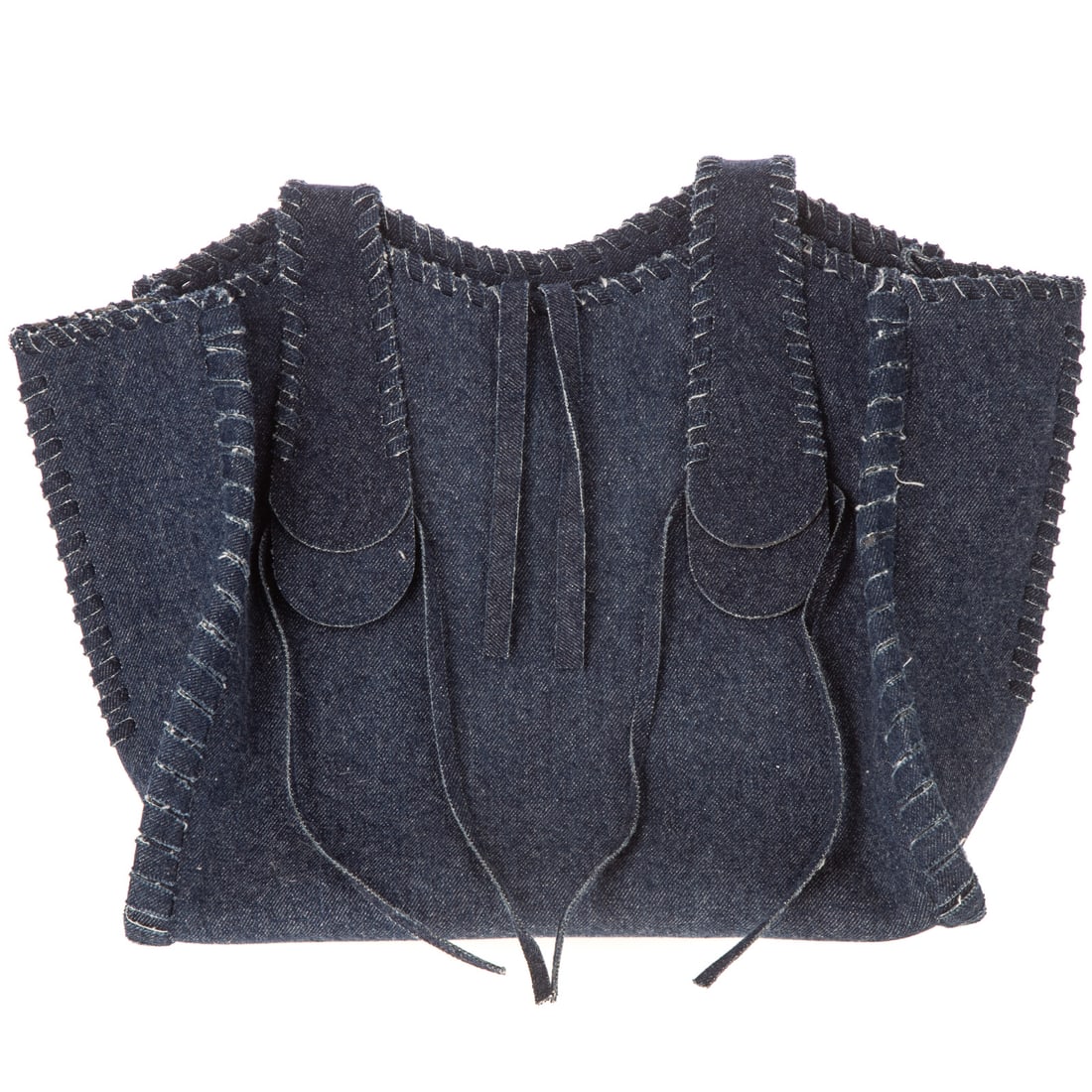 A Chloe Mony Tote: A blue denim Chloe Mony Tote with gold tone hardware, dual shoulder straps, and tassel and whipstitch accents. Unlined, single interior wall pocket, and zipper closure at top. Includes dust bag, care