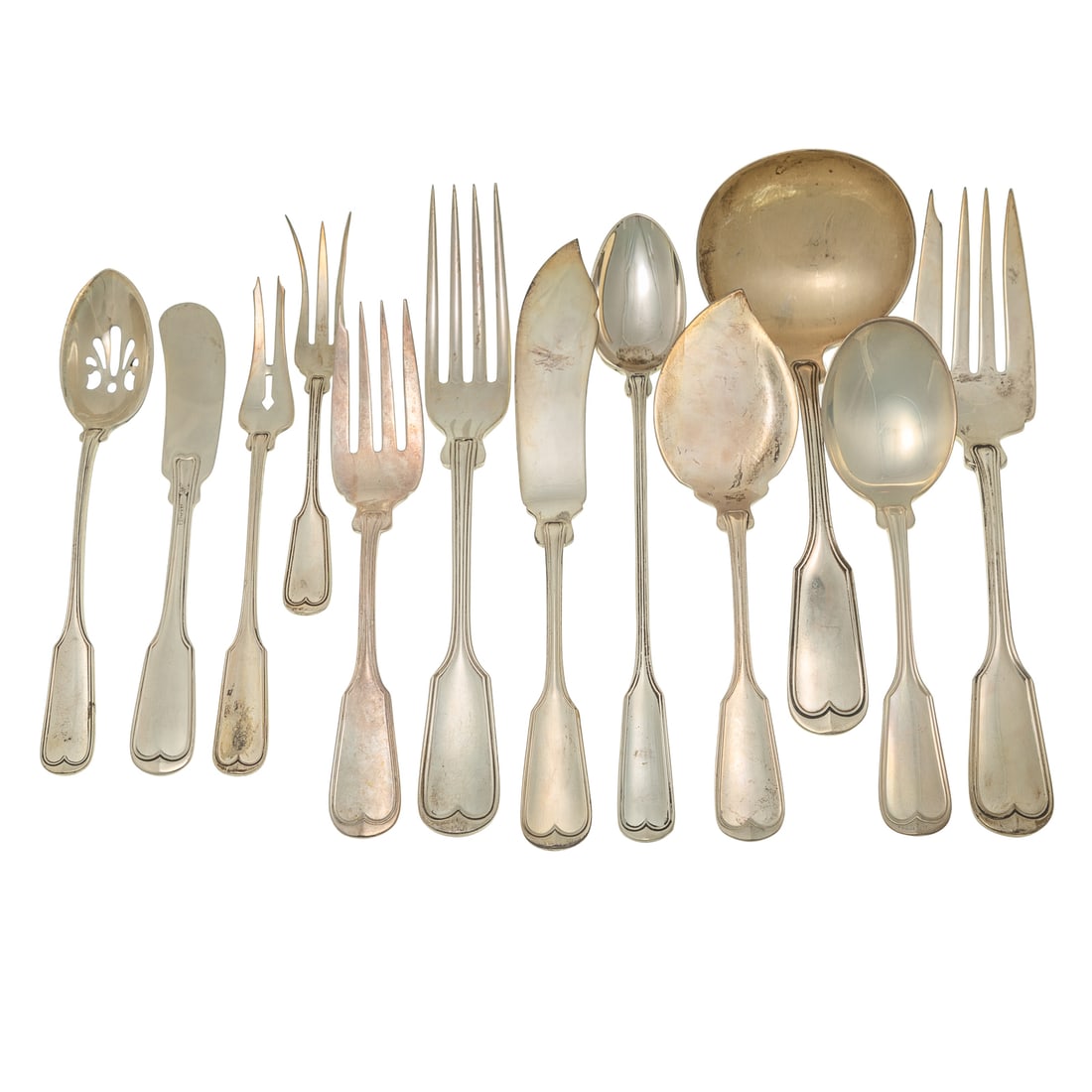 Frank Smith Sterling "Fiddle Thread" Flatware: Including: one dinner fork, one salad fork, three cream soup spoons, eight flat butter spreaders, six iced tea spoons, master flat butter knife, cold meat fork, jelly server, lemon fork, olive spoon,