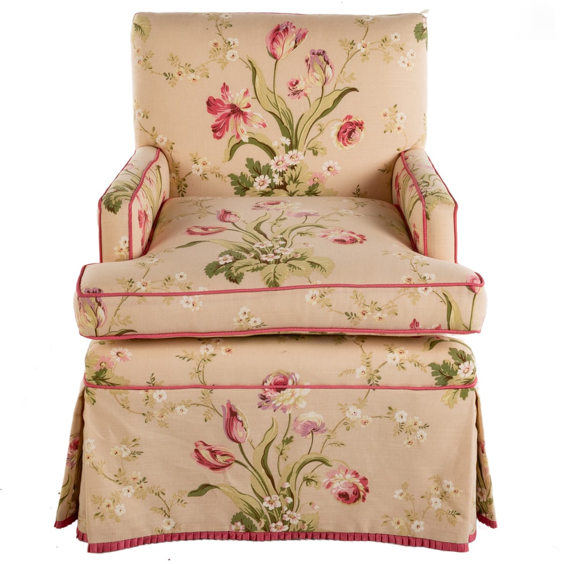 Child's Upholstered Occasional Armchair: Fully upholstered frame with drop cushion and matching skirt, 30 in. H, 26 in. W, 26 in. D