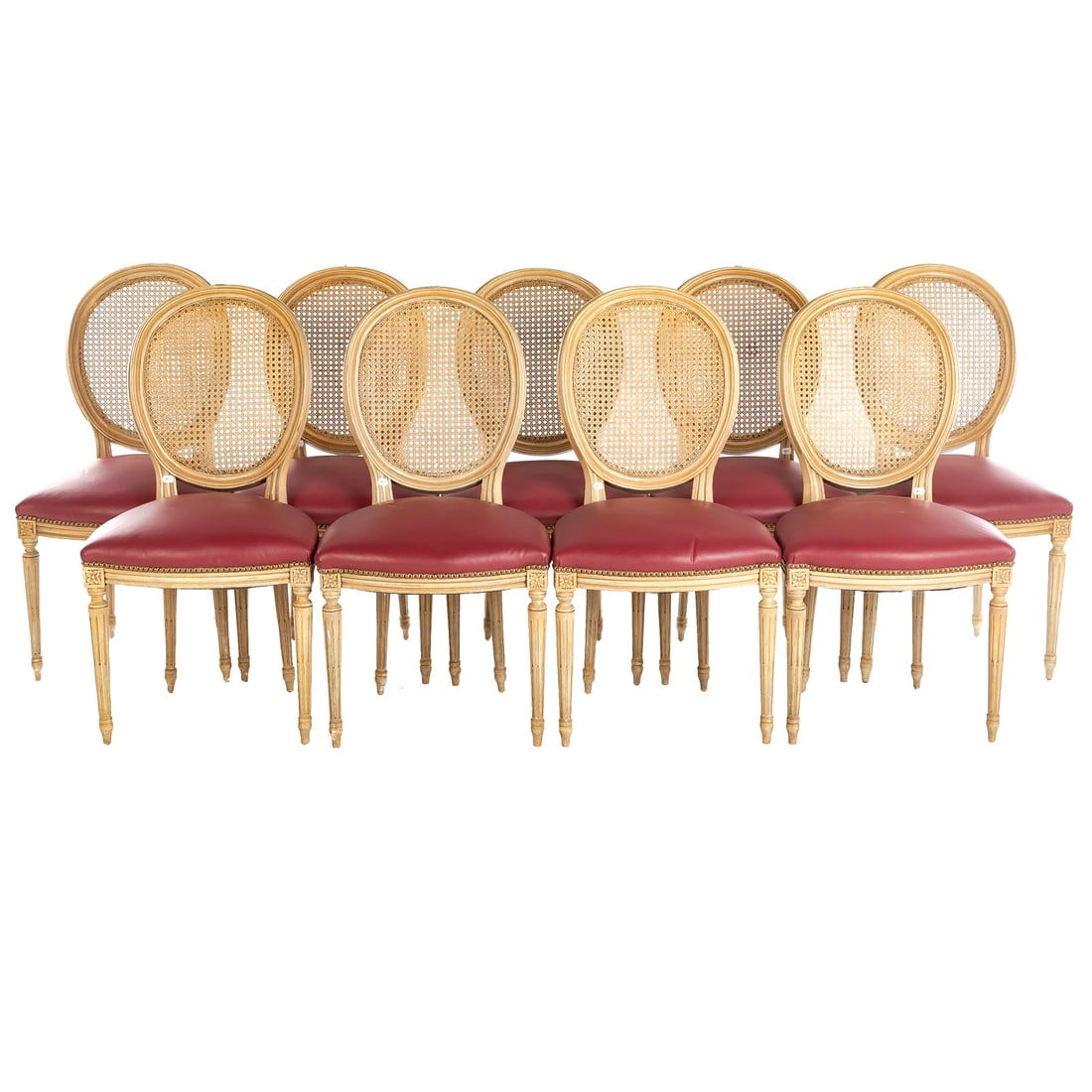 Set of Nine Louis XVI Style Painted Side Chairs: Oval caned backs, vinyl upholstered seats over turned stop fluted legs, 37 1/2 in. H, 19 1/2 in. W, 17 1/2 in. D