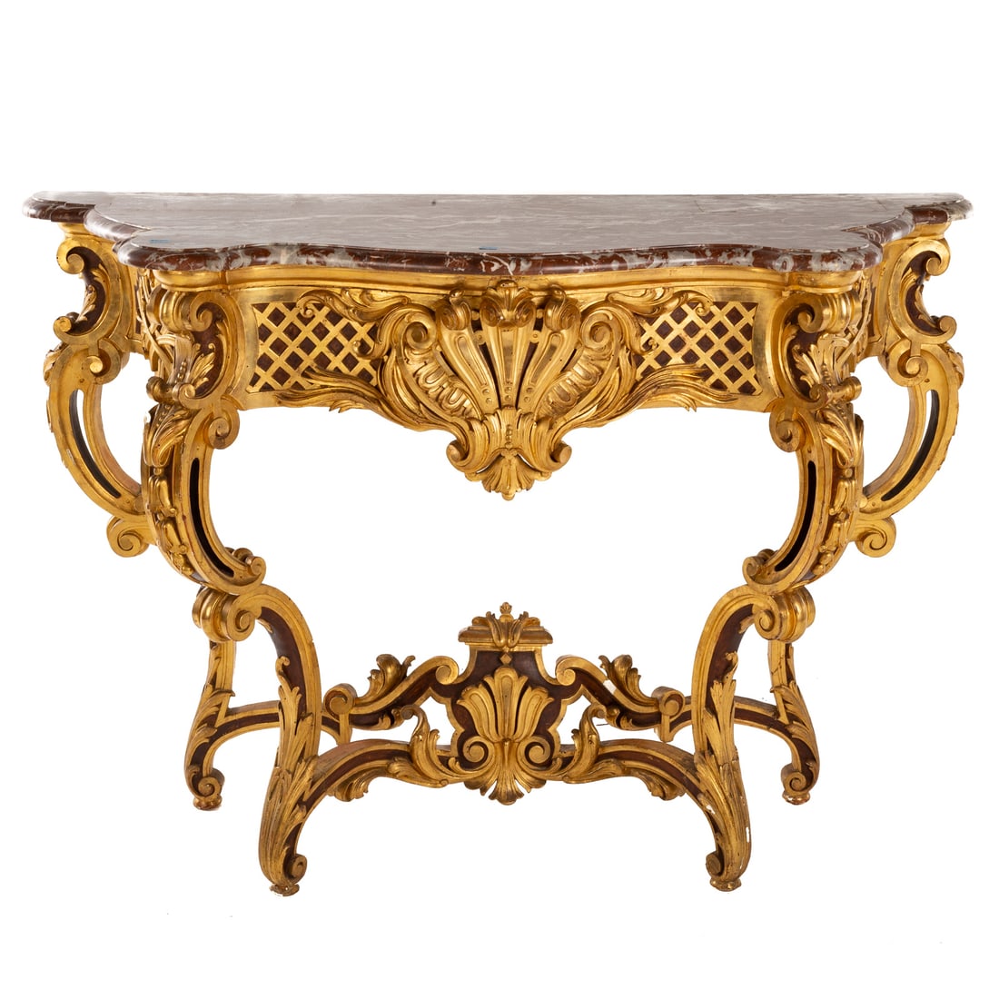 Venetian Baroque Style Marble Top Console: Shaped marble top over carved, painted and gilt console table, 38 in. H, 53 1/2 in. W, 20 1/2 in. D Provenance: From the Estate of Arlene Gorn, Baltimore, MD