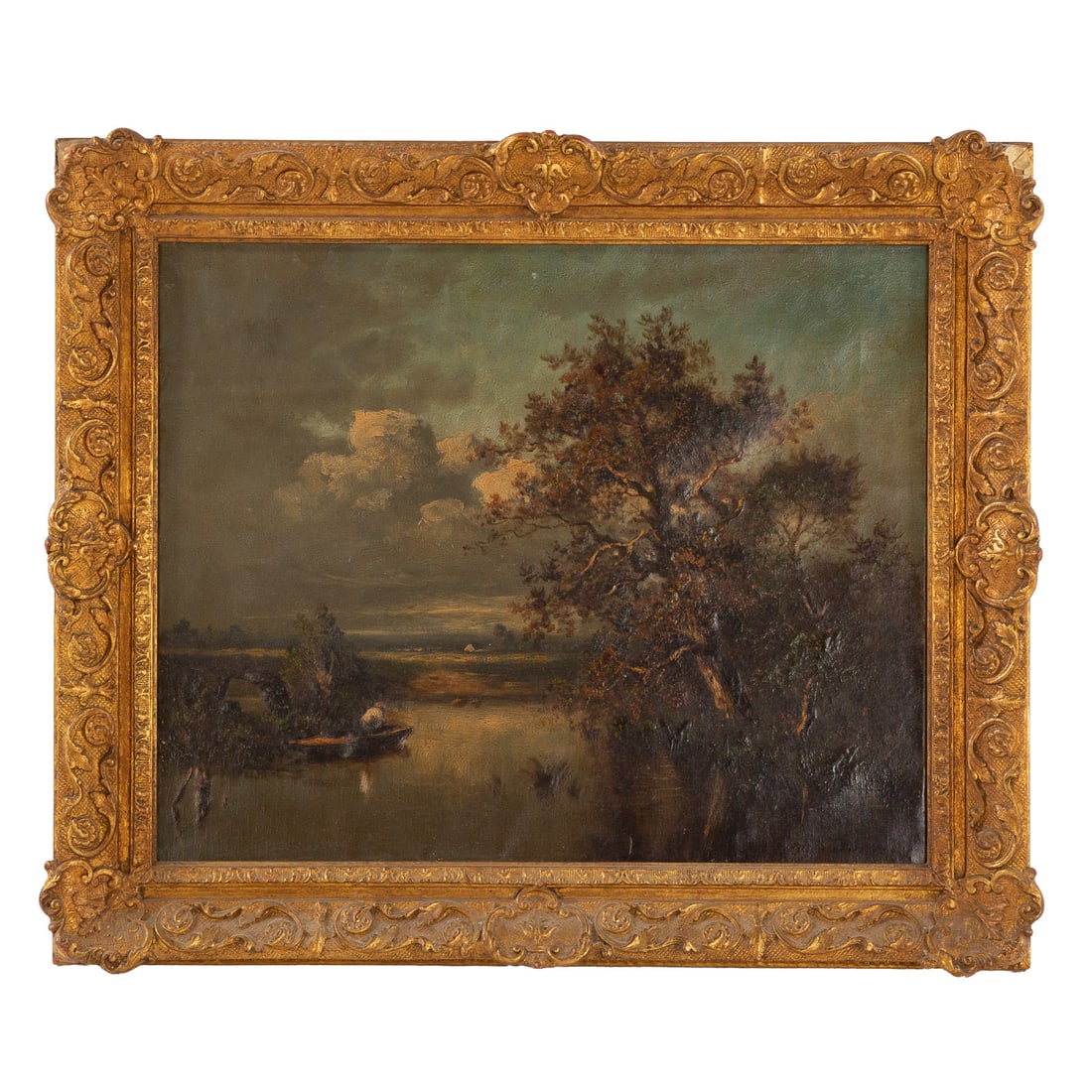 Jules Dupre. River Landscape, oil: (French, 1812-1889) Oil on canvas, signed lr, sight size: 18 3/4 x 23 1/4 in., framed size: 25 x 29 1/2 in. Provenance: From the Estate of Anne Hopkins, Bel Air, MD, originally collected by her grandf