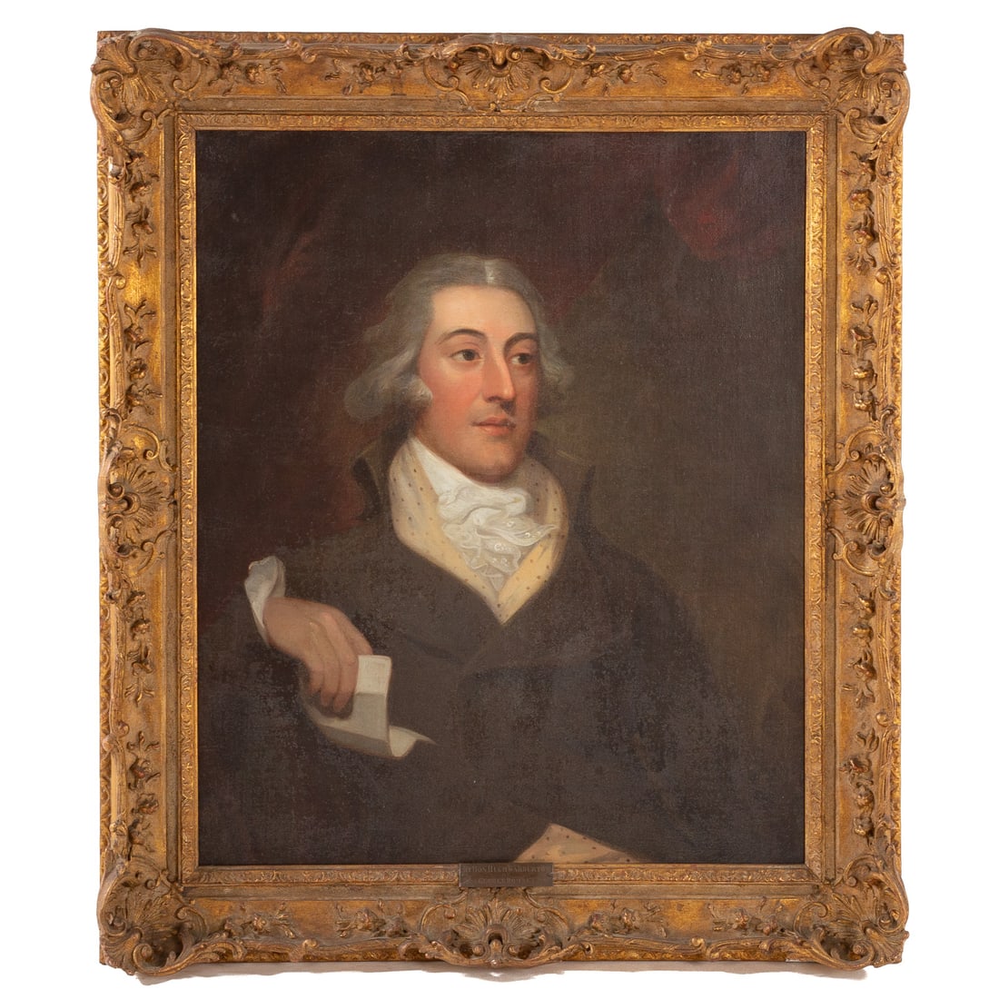 Attributed to George Romney. Portrait of a Gentleman, oil: (English, 1734-1802) Oil on canvas, unsigned, brass nameplate identifying the sitter as the "Rt. Hon. Hugh Warburton," gallery label on verso, sight size: 29 1/2 x 24 1/4, framed size: 37 x 32 in. Pro