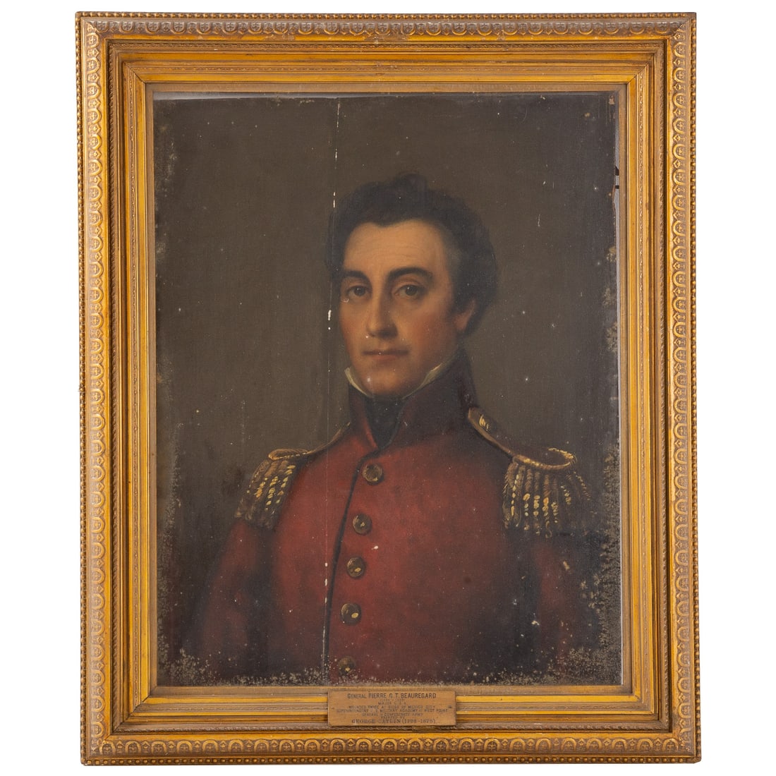 Attributed to George Catlin. Portrait of a General, oil: (American, 1793-1875) Oil on panel, unsigned, in gilt frame behind glass, brass nameplate affixed to front of frame identifying the sitter as General Pierre G. T. Beauregard, degraded gallery label an