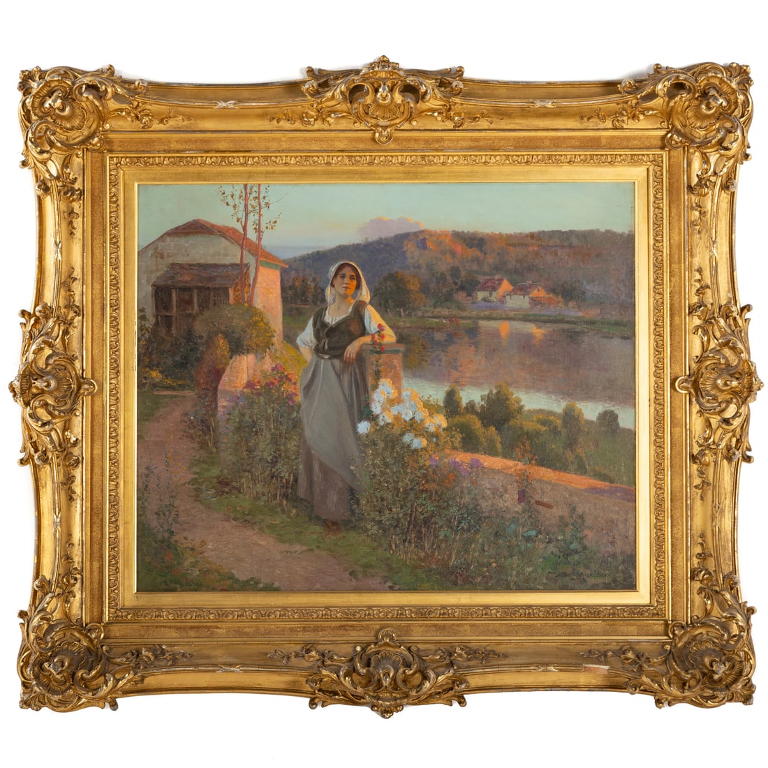 Jean Beauduin. Maiden in the Garden, oil: (French, 1851-1916) Oil on canvas, signed "Jean Beauduin" lr, 23 3/4 x 28 1/2 in., framed size: 36 1/2 x 41 1/2 in. Provenance: From a private collection, Sparks, MD