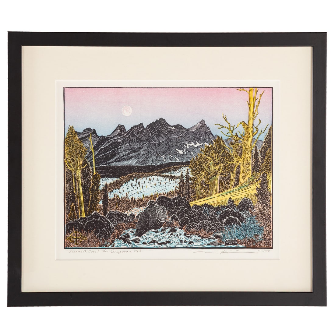 Tom Killion. "Sawtooth Crest from Chagoopa Creek," color woodcut (1 of 4)