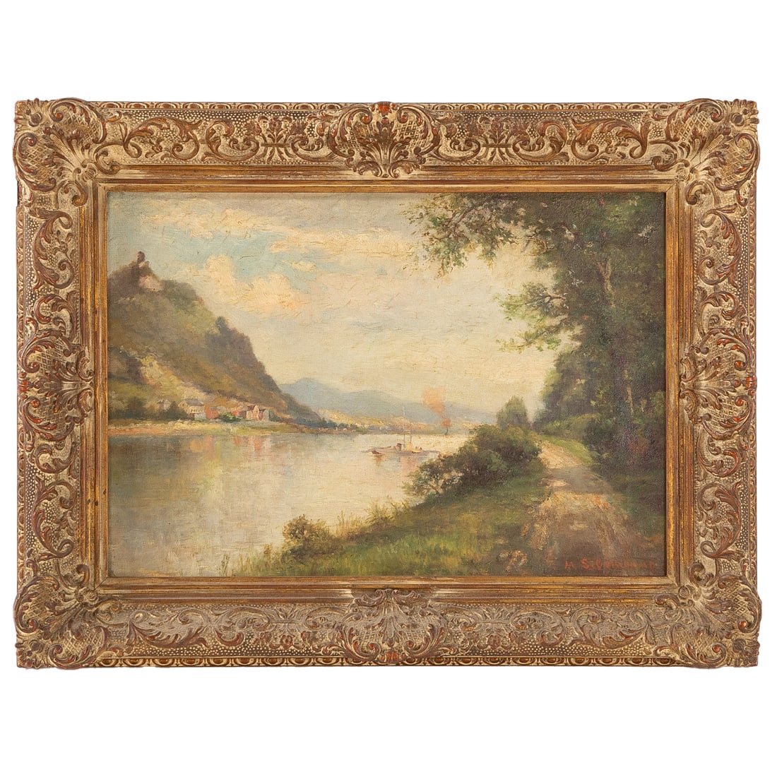 M.S. Cumming. Village on the Rhine, oil (1 of 4)