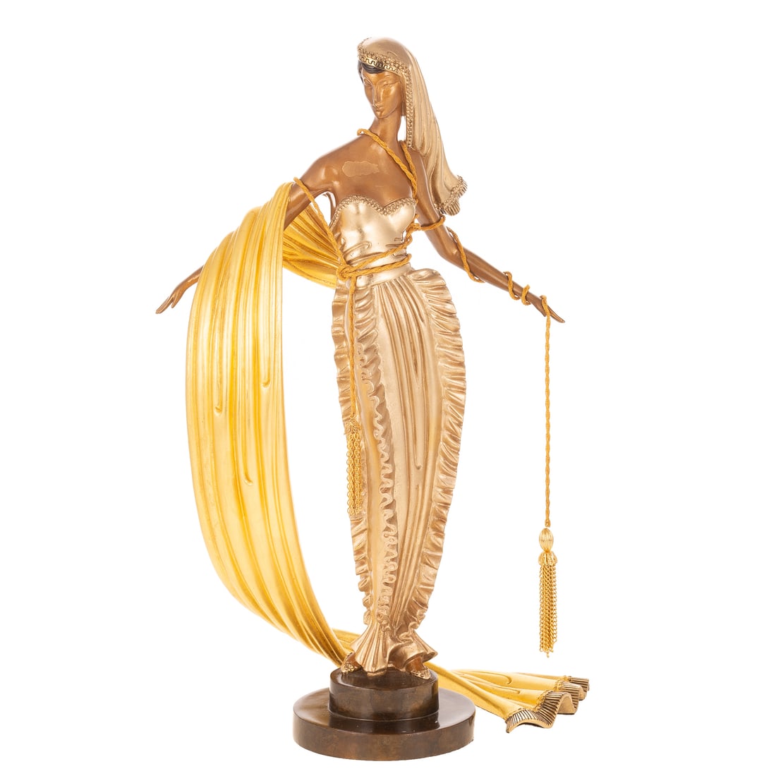 Erte. "Millionairess," bronze: Romain de Tirtoff (Russian/French, 1892-1990) An Erte "Millionairess" painted bronze, 296/375signed "Erte" on back of base, inscribed on base "CHALK & VERMILION AND SEVENARTS XLIX/L" 1990," 18 3/4 in.