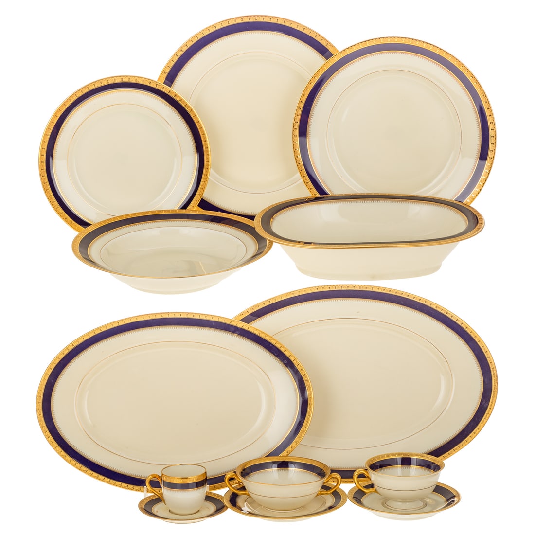 Black Knight "Fontainbleau" Dinner Service: Black Knight "Fontainbleau" Bavarian discontinued porcelain service with gilt rims, including: two platters, an open vegetable, 12 dinner plates, 12 bowls, 12 salad plates, 12 luncheon plates, 12 demi