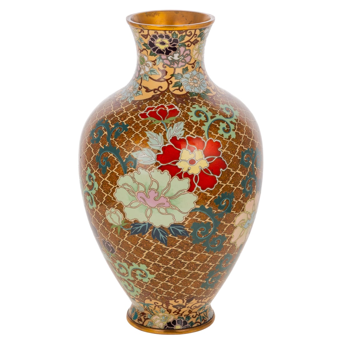 A Japanese Cloisonne Enamel Floral Vase: Early 20th century, Meiji period Japanese cloisonne enamel baluster form vase depicting multi-colored blossoms and scrolling foliage against a goldstone and lattice ground, with a border of multi-colo