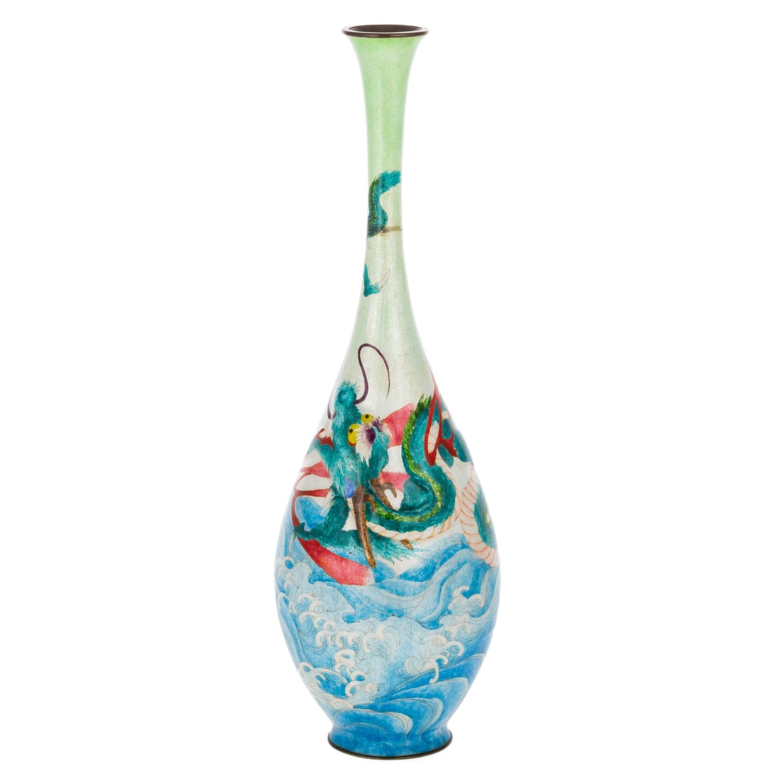Ota Toshiro Ginbari Cloisonne Enamel Dragon Vase: Late 19th/Early 20th century, Japanese ginbari cloisonne enamel bottle form vase by Ota Toshiro (1869-1940), depicting a writhing dragon in relief above waves, pale green to silver ground, signed on b