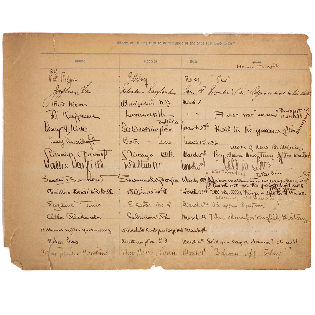 Page of School Sign-Out Book, Wallis Warfield Sign (1 of 4)