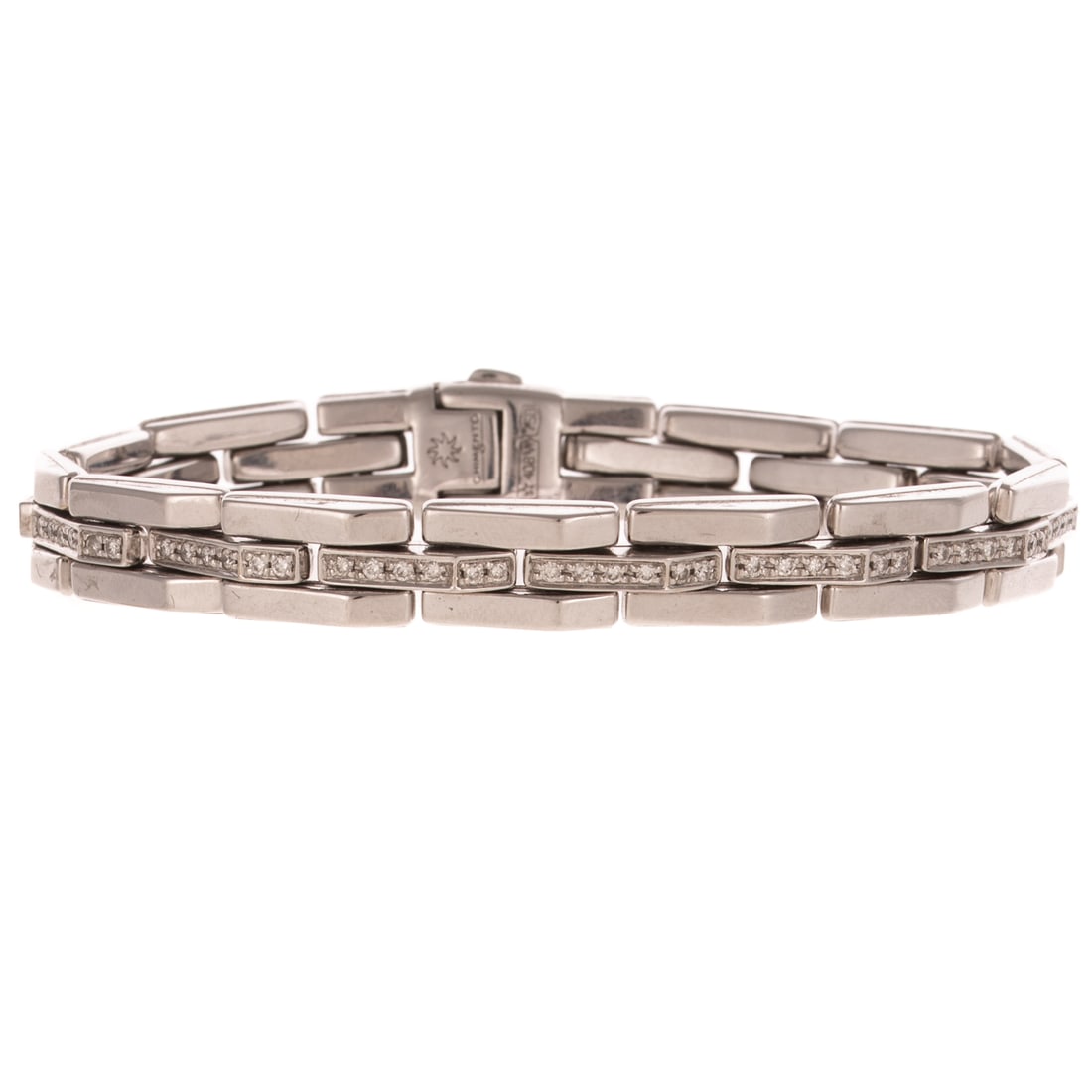A Chimento Diamond Link Bracelet in 18K: 18K white gold bracelet by Chimento from the "Double Collection" featuring bead set diamonds weighing approx. 1.00 ctw in the center of high polish angular links, hidden snap under clasp, signed, 7 1/