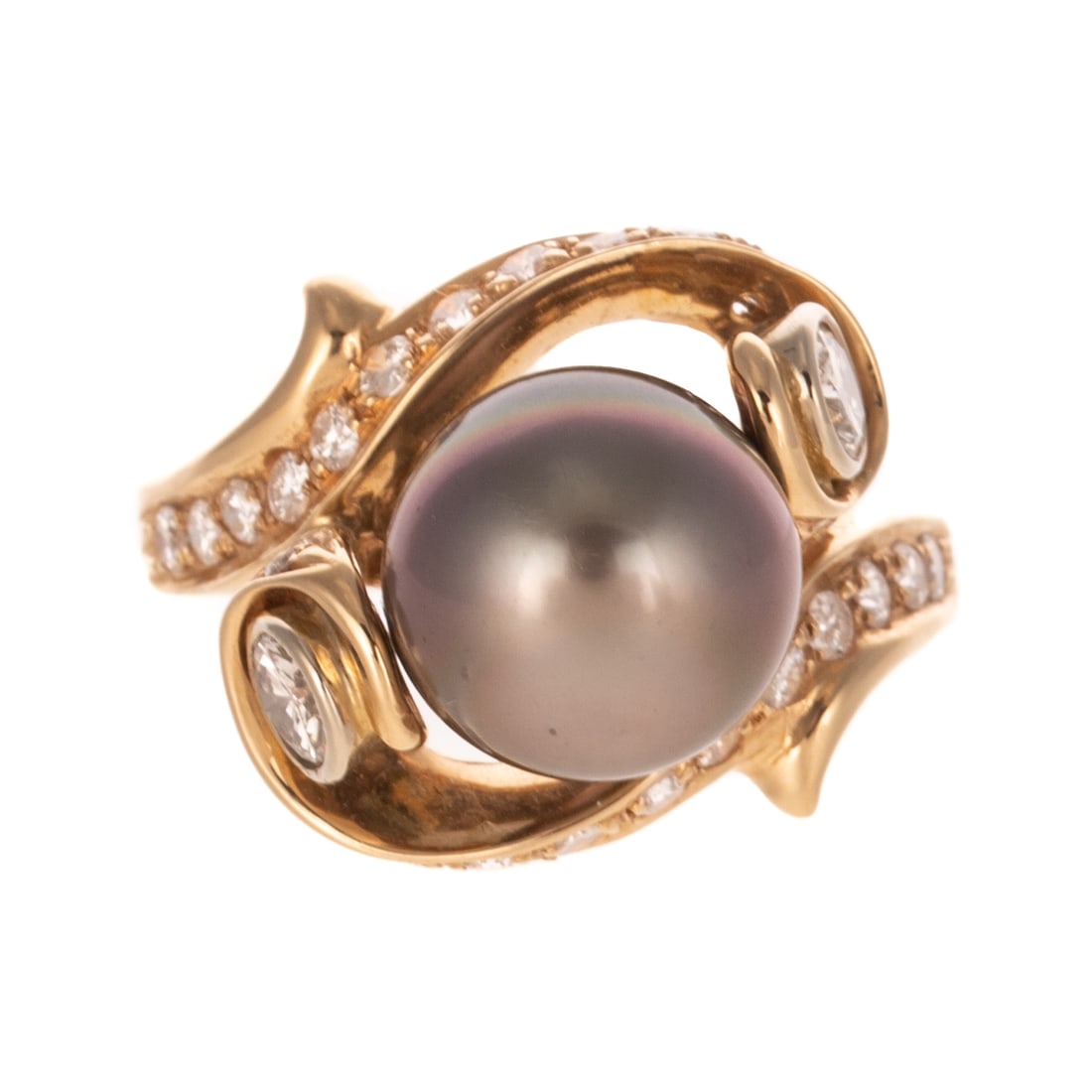A Tahitian Pearl & Diamond Ring in 14K: 14K yellow gold ring featuring a Tahitian pearl measuring 12 mm with fine lustre, flanked by two round diamonds weighing approx. 0.40 ctw bezel set in scroll work with pave diamonds weighing approx. 0