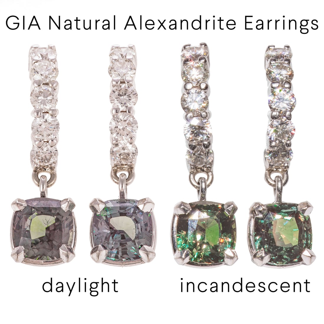 A Pair of GIA Natural Alexandrite & Diamond Earrings in Platinum: Platinum dangle earrings featuring two well matched cushion cut natural alexandrites; 2.11 carats bluish green to purple color change GIA Report #1172677347 and 2.16 carats green to purple color chang