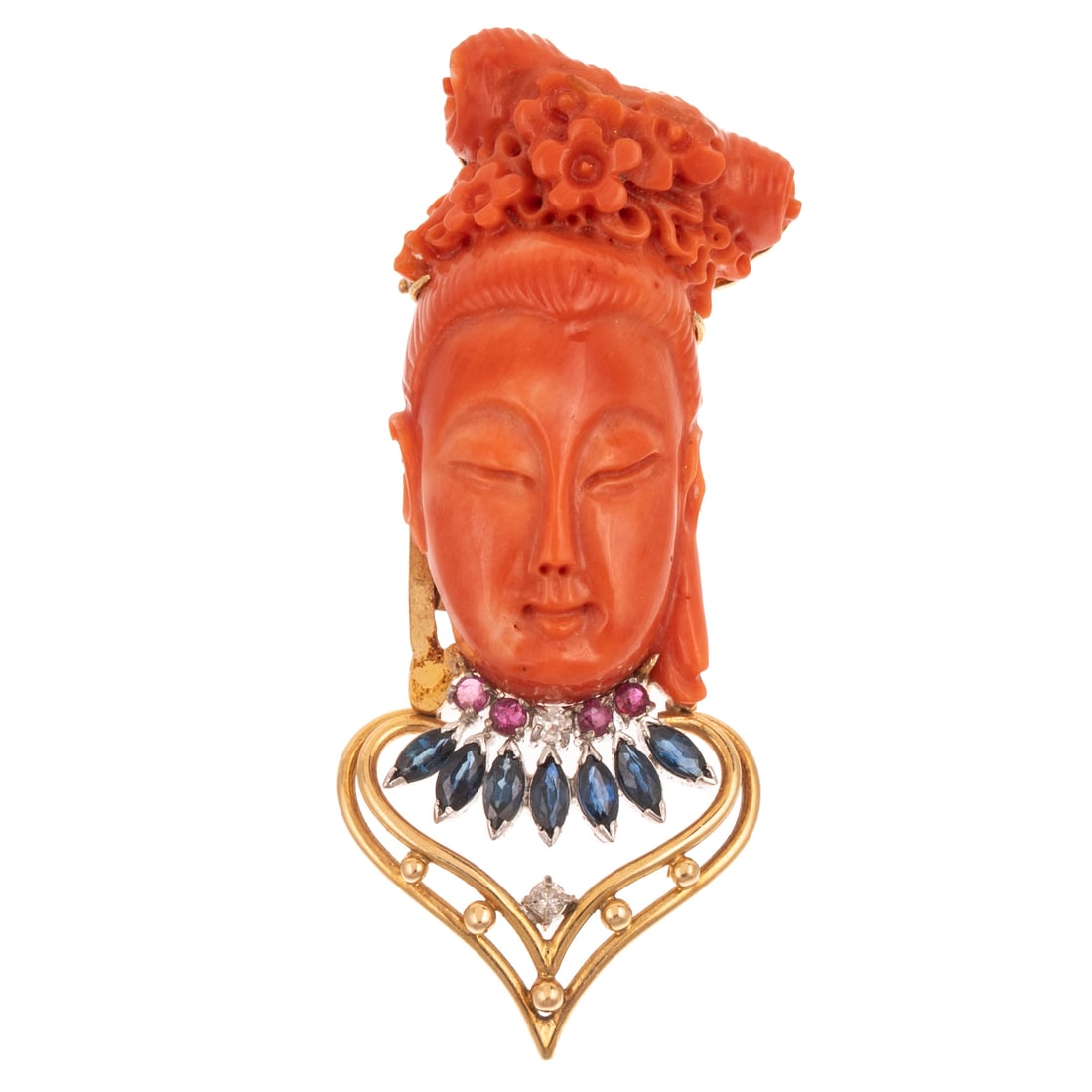 A Carved Coral, Sapphire & Diamond Pendant in 14K (1 of 3)