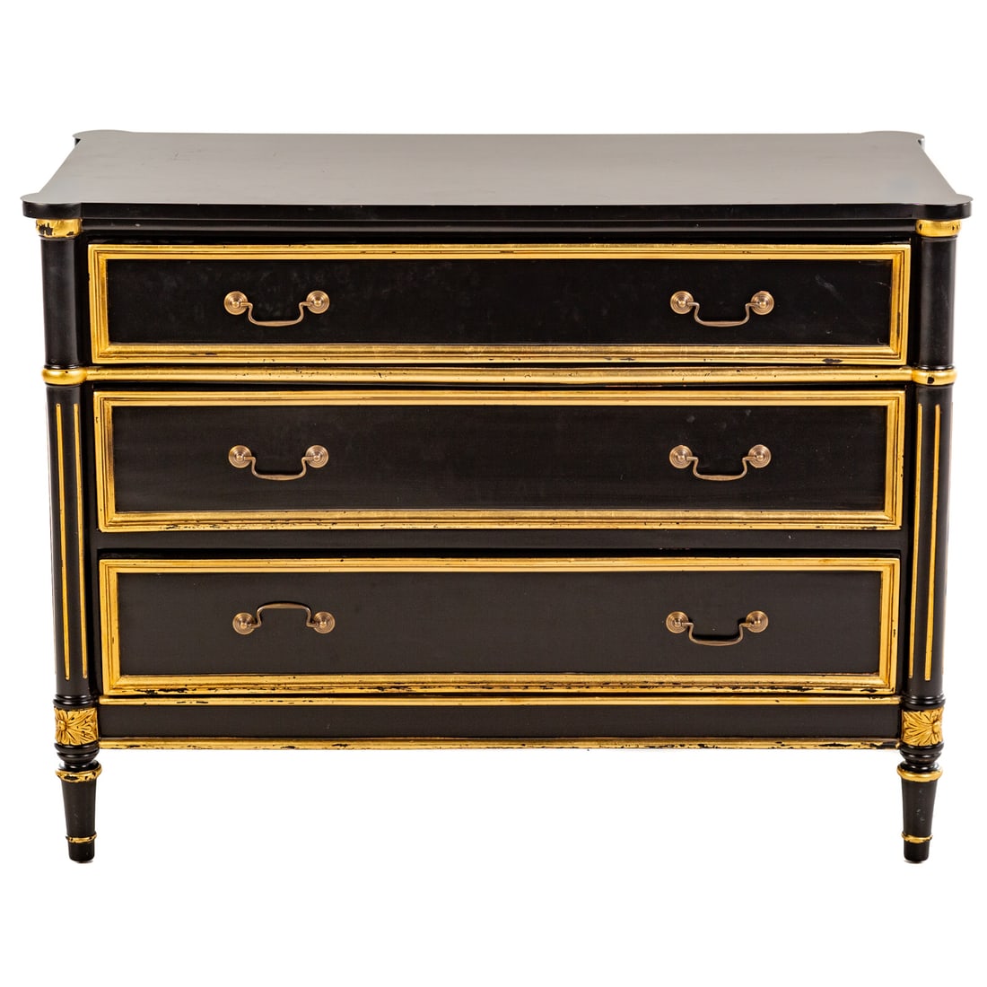 Louis XVI Style Ebonized Chest: Shaped ebonized top over partial gilt three-drawer case, flanked by three-quarter columns ending in turned feet, 32 1/4 in. H, 43 3/4 in. W, 21 in. D Provenance: From the Sherwood Mansion Baltimore, M