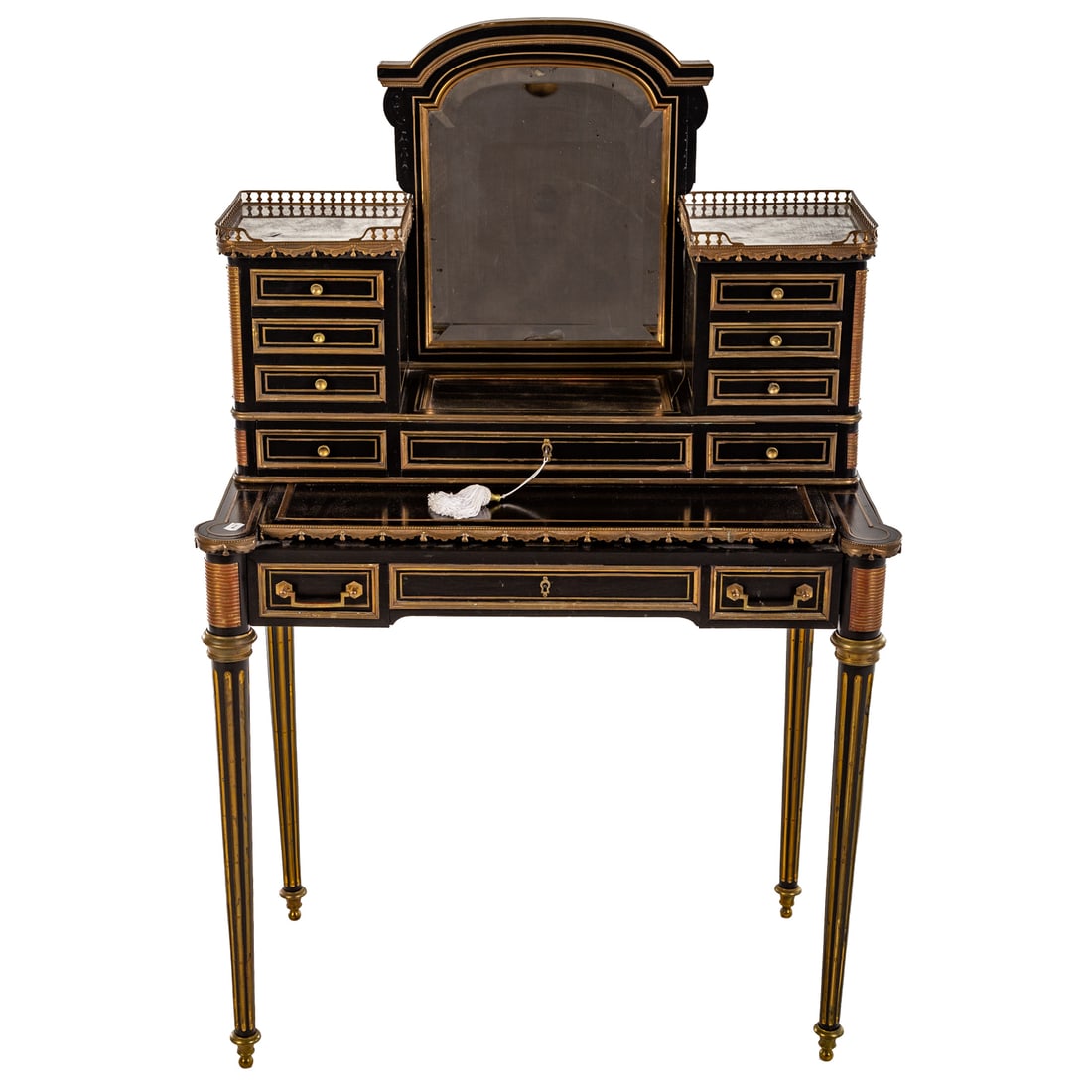 Maison Jansen Ebonized Ladies Writing Desk: Mirrored nine drawer deck, extension desk drawer in apron, resting on tapered fluted legs, brass inlay throughout, 50 1/2 in. H, 32 1/2 in. W, 17 1/2 in. D Provenance: From the Sherwood Mansion Baltim