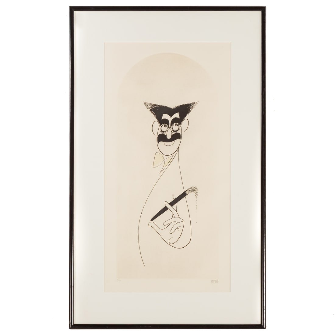 Al Hirschfeld. "Groucho Marx," etching: (American, 1903-2003) Etching, 1983, ed. 77/175, pencil signed "Hirschfeld" lr, sight size: 25 1/2 x 12 3/4 in., framed size: 33 1/2 x 20 1/4 in. Provenance: Acquired Newmark Gallery, New York City, g