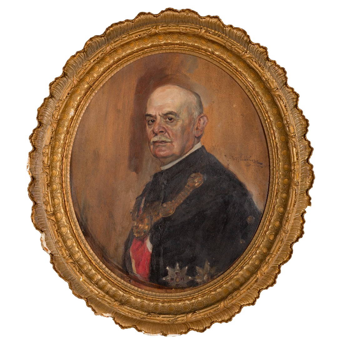 German School. Portrait of an Official, oil: Oil on board, signed illegibly and dated 1915 cr, inscribed on verso, 30 3/4 x 26 in., framed size: 40 x 34 in.