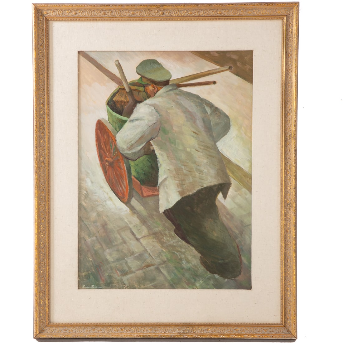 Iver Rose. The Cart Pusher, oil: (American, 1899-1972) Oil on board, signed "Iver Rose" ll, sight size: 23 x 16 3/4 in., framed size: 32 x 25 1/2 in. Provenance: From a private Maryland collection