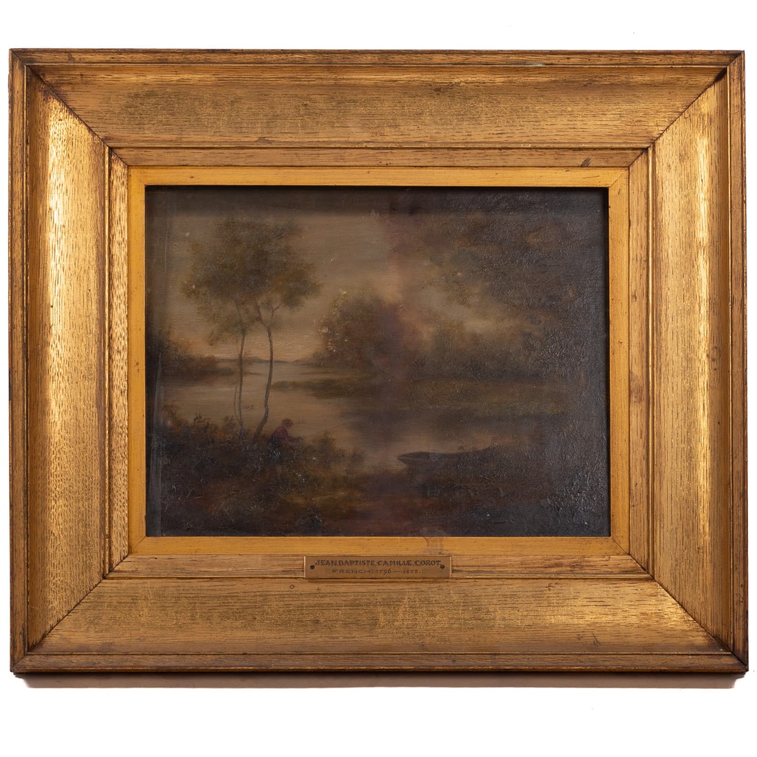 Attributed Camille Jean-Baptiste Corot. Landscape, oil: (French, 1796-1875) Oil on wood panel, signed "Corot" ll in burnt umber, degraded red wax seal on verso, further identifying information on label on verso, brass name plate affixed to frame, size of p