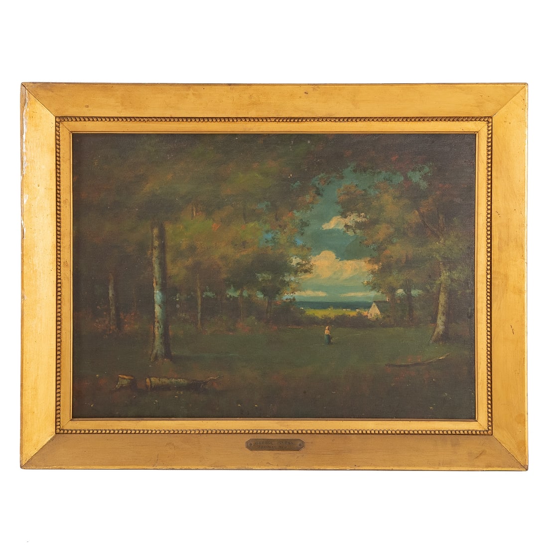 George Inness. Landscape in Forest, oil: (American, 1825-1894) Oil on panel, signed lr, brass nameplate affixed to frame, informational label and inventory tag on verso, sight size: 19 1/2 x 27 1/2 in., framed size: 26 1/4 x 34 1/4 in. Prove