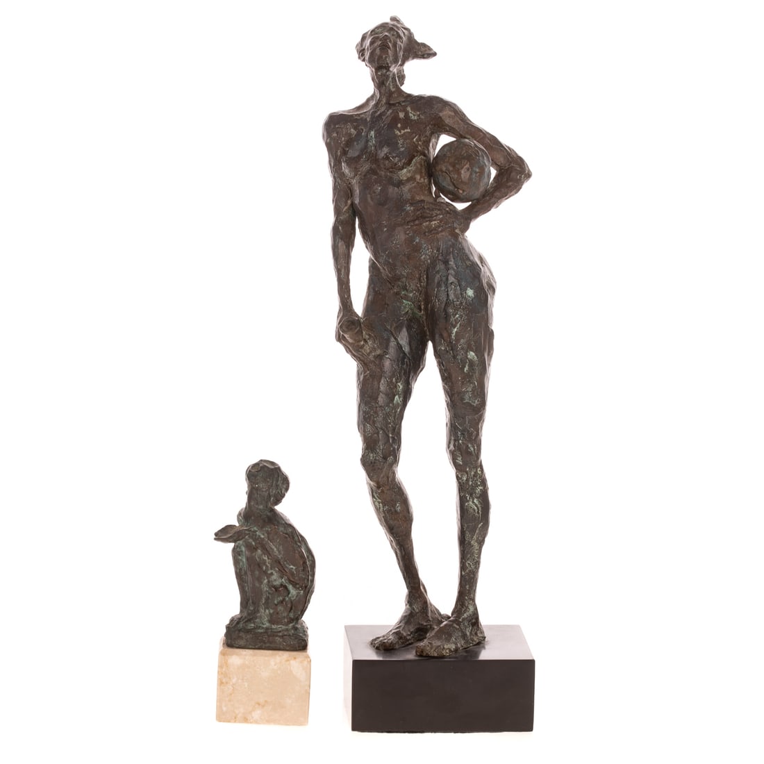 20th Century. Two Figural Sculptures, bronze: (20th century) 1) Artist Unknown. Cast bronze, standing woman with orb and chalice, signed illegibly along bottom, 19 1/2 in. H, 5 in. W, 4 in. D; 2) Frieda Sohn. Mother and child, cast bronze, 1990,