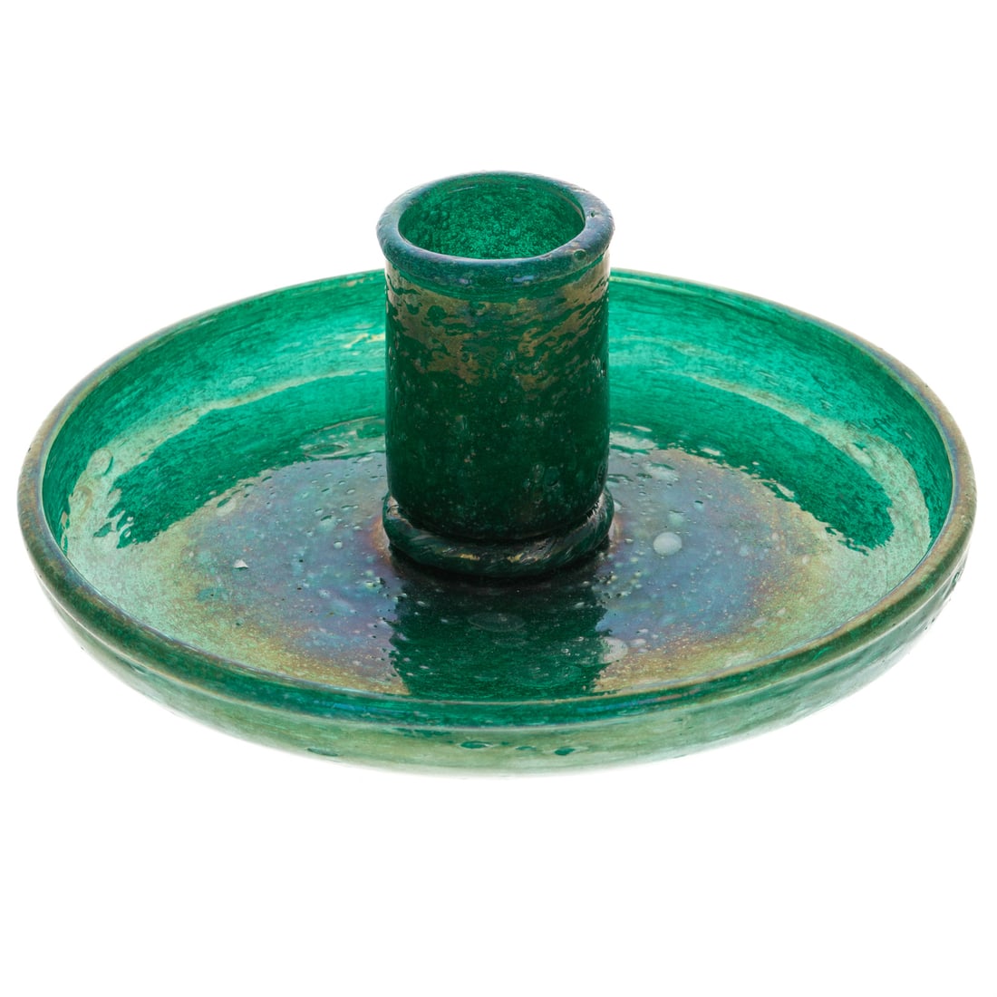 Carlo Scarpa Italian Glass for Venini Candlestick: (Italian, 20th century) A green glass Carlo Scarpa for Venini candlestick, with bubble throughout, unmarked, 4 in. H, approx. 7 in. Diam.