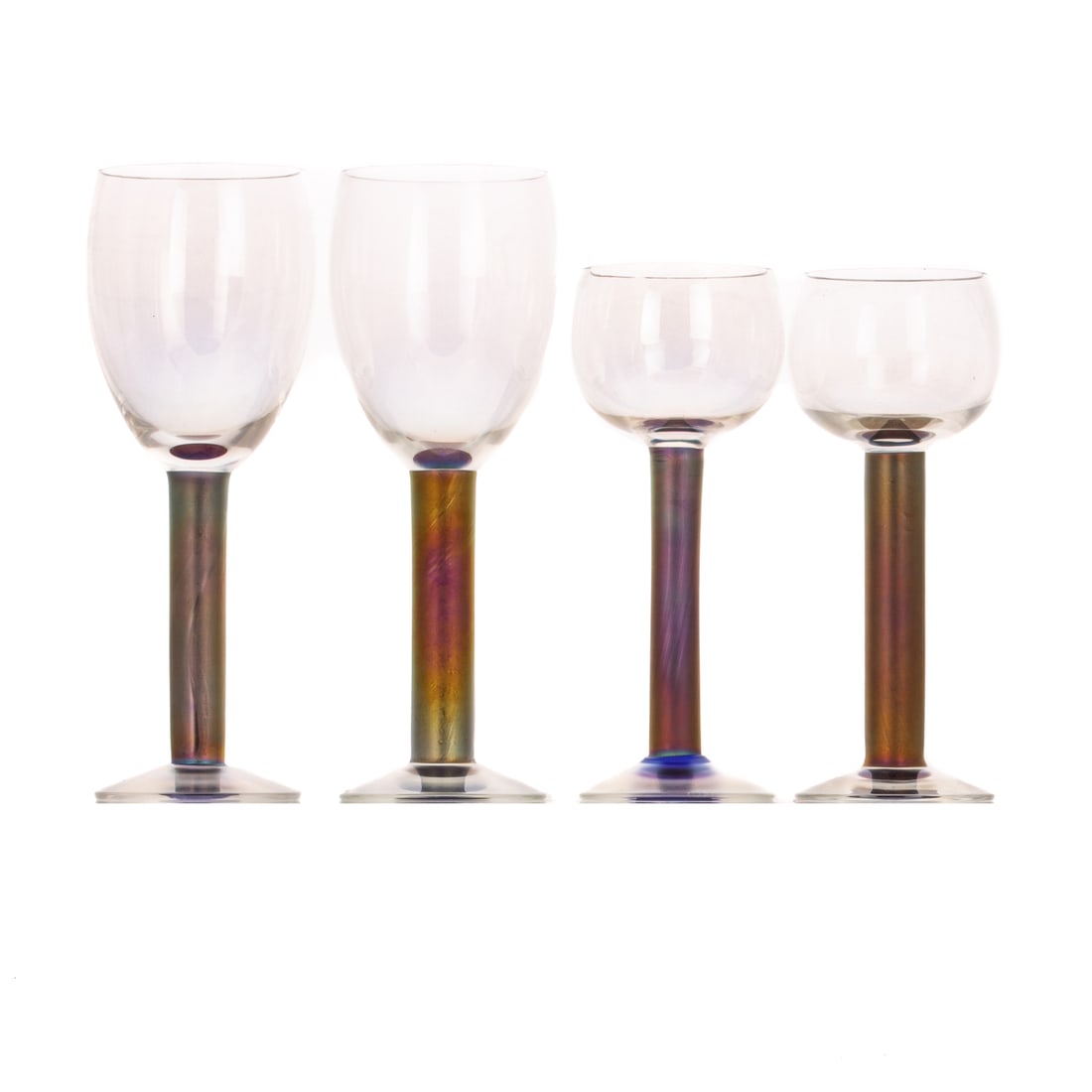 36 Steven Maslach Modern Stemware: (American, 20th century) 36 pieces Steven Maslach modern stemware in two different sizes with iridescent stems, all signed and dated on bottom, 7 to 8 1/2 in. H