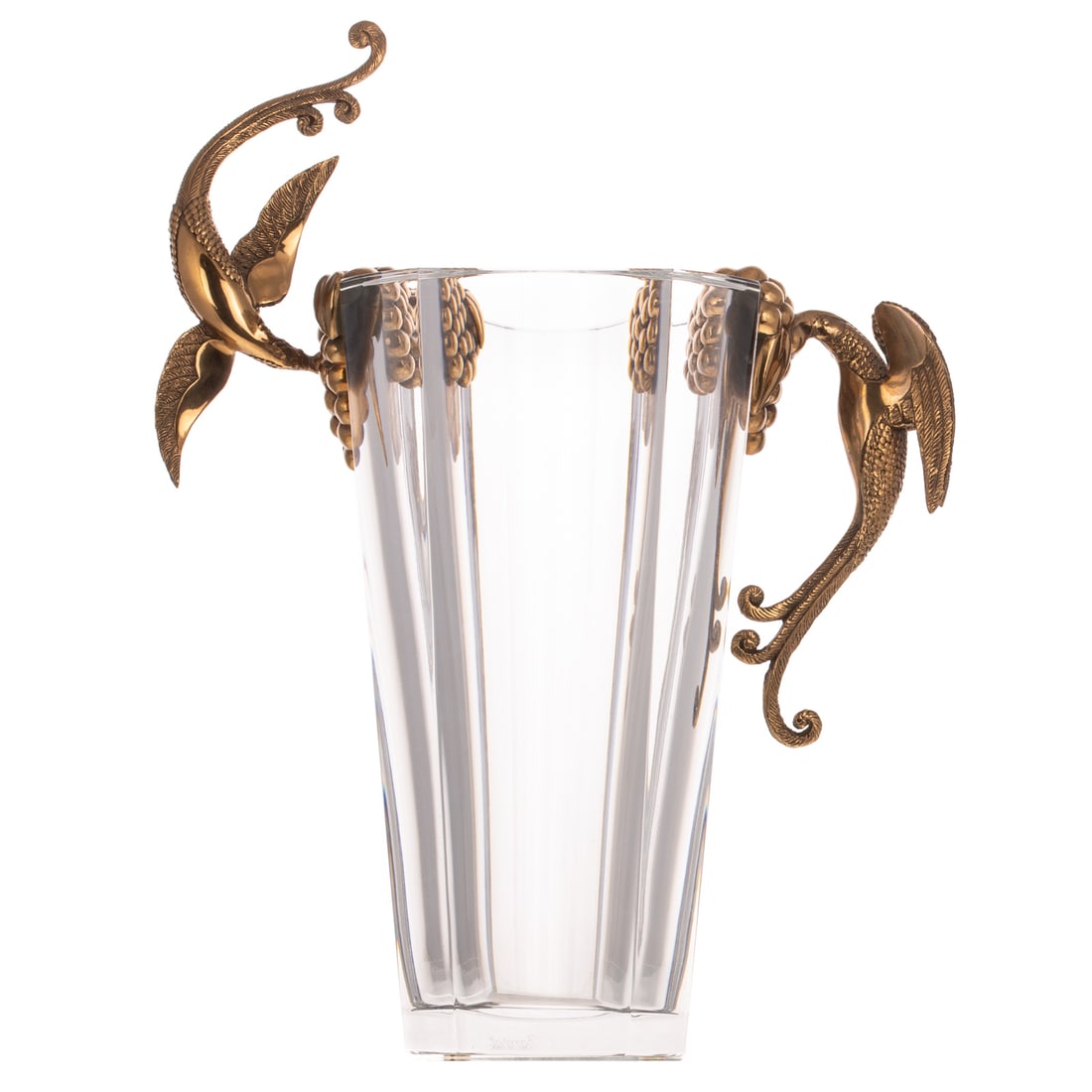 Erte & Baccarat "Flight of Love" Crystal & Bronze Vase: Romain de Tirtoff Erte (French / Russian 1892-1990) A colorless Baccarat crystal and Erte bronze "Flight of Love" vase, bronze depicting birds feeding on grapes, signed to interior of handle "Erte," c