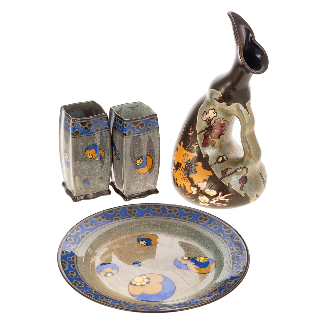 Royal Doulton Titanian & Ernst Wahliss Teplitz: Includes "Titanian" Ernest Wahliss Teplitz Royal Doulton plate, marked on bottom, 1 in. H, 8 1/2 in. Diam.; two vases, marked on bottom, approx. 4 1/2 in. H, 2 1/4 in. W, 2 1/4 in. D; and ewer, marked