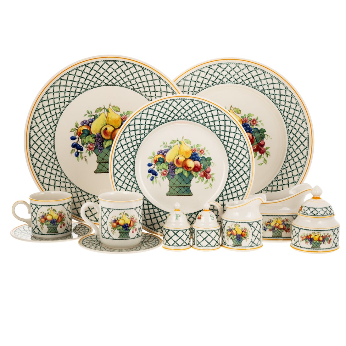 A Villeroy & Boch "Basket" Partial Service: Comprising 118 items. Includes 15 large rim soup bowls, 15 soup/cereal bowls, 16 bread/butter plates, 15 salad plates, 15 dinner plates, rectangular covered butter, salt and pepper, gravy boat, creame