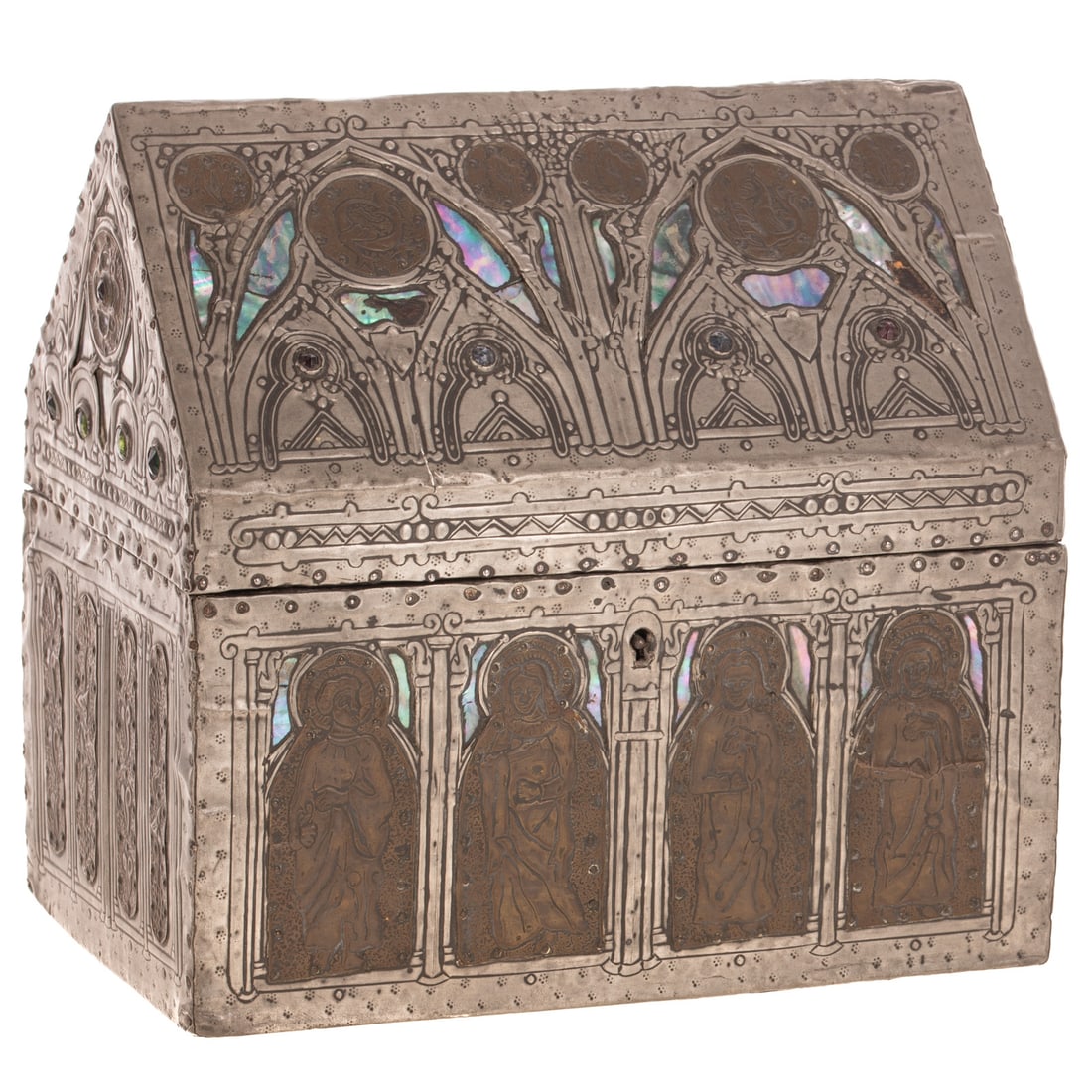 An Art Nouveau Box Attributed to Alfred Daguet: (French) A mixed metal Art Nouveau box attributed to Alfred Daguet. Medieval decorative embellishments including saint figures wrapped in rivets, inlaid mother of pearl, and colored stones, with front