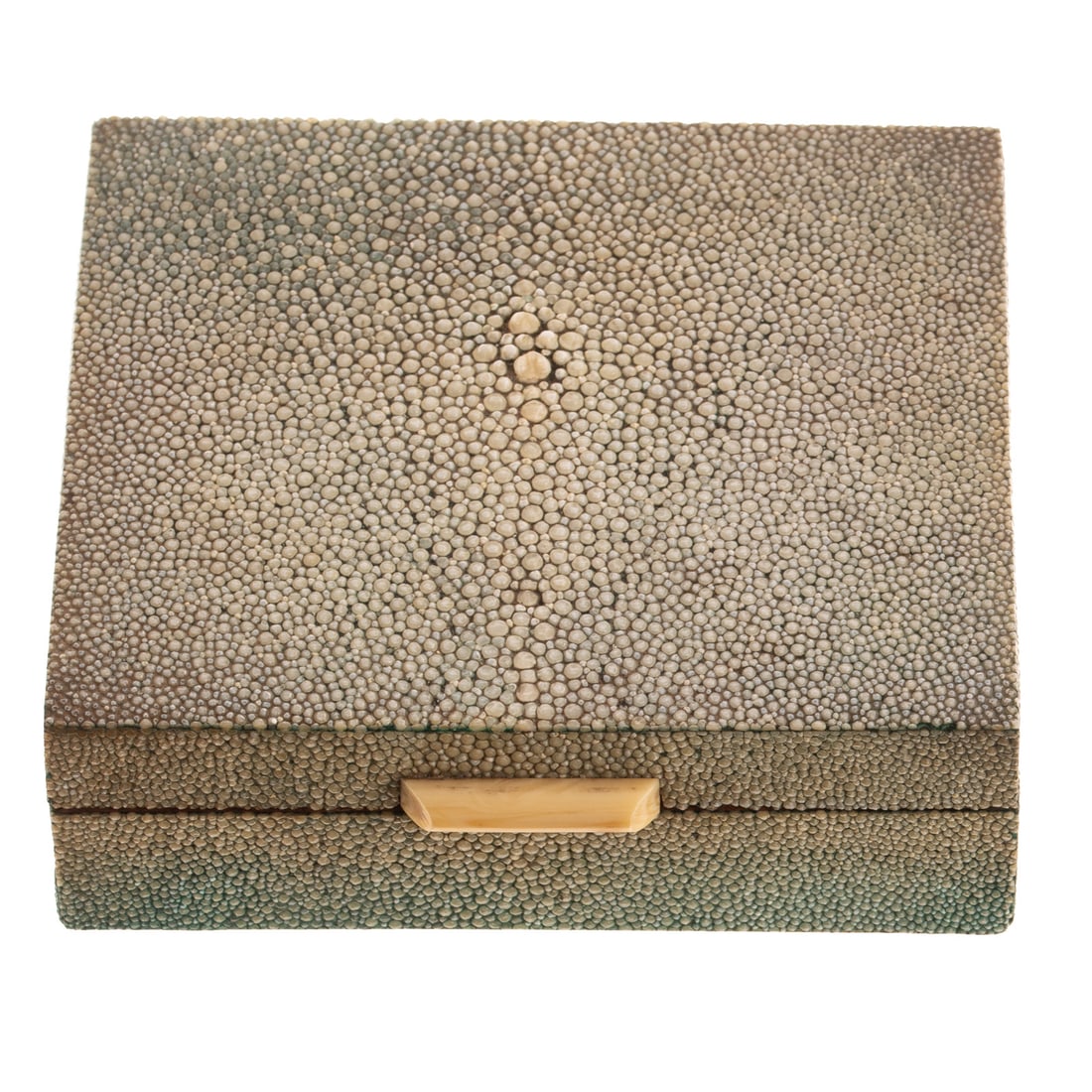 A French Art Deco Shagreen Box: A French Art Deco shagreen box with wooden interior and bone front closure, 1 1/2 in. H, approx. 4 3/4 in. L, 4 in. W