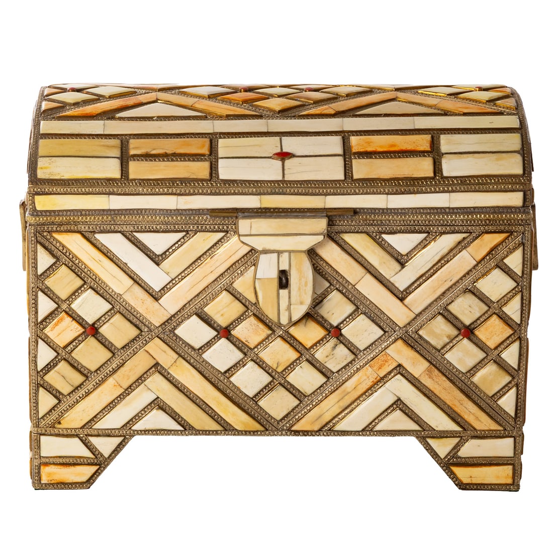 A Moroccan Bone & Metal Inlaid Chest: A bone and inlaid metal Moroccan fabric lined chest with front closure and side handles, 15 1/2 in. H, approx. 21 in. L, 12 1/4 in. D