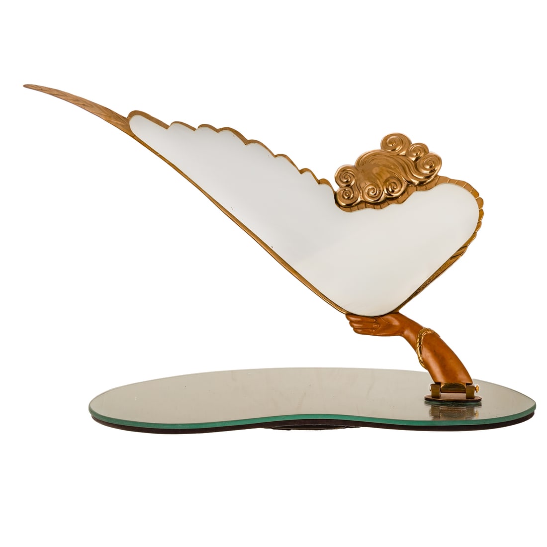 An Erte "Coquette" Table Mirror/Bronze: Romain de Tirtoff (Russian/French, 1892-1990) An Erte enameled bronze sculpture of a woman holding up an elaborate fan on a hinged base attached to a mirror. Spinning wheel underneath, signed "Erte" o