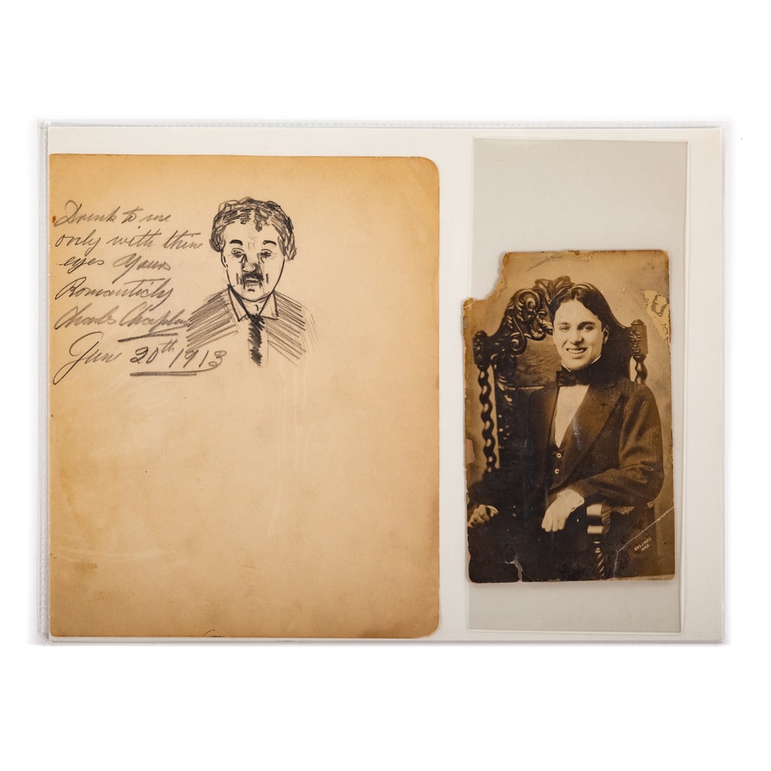 Charlie Chaplin, Signed Sketch & Photograph: Comprising a 6 1/2 x 8 in. note in pencil written by Chaplin in 1913, reading "Drink to me only with thine eyes/Yours romantically/Charles Chaplin/June 20th 1913" also featuring a small self portrait