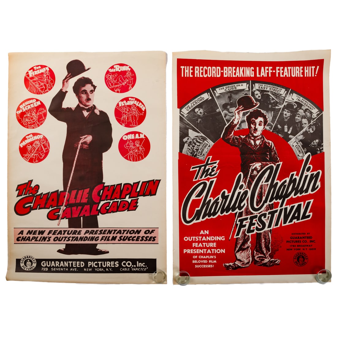Charlie Chaplin, Two Vintage Posters: Comprising two canvas lined advertising posters for viewing events of Charlie Chaplin's self-directed films; including "The Charlie Chaplin Cavalcade," sheet size: 41 x 27 in.; and "The Charlie Chapli