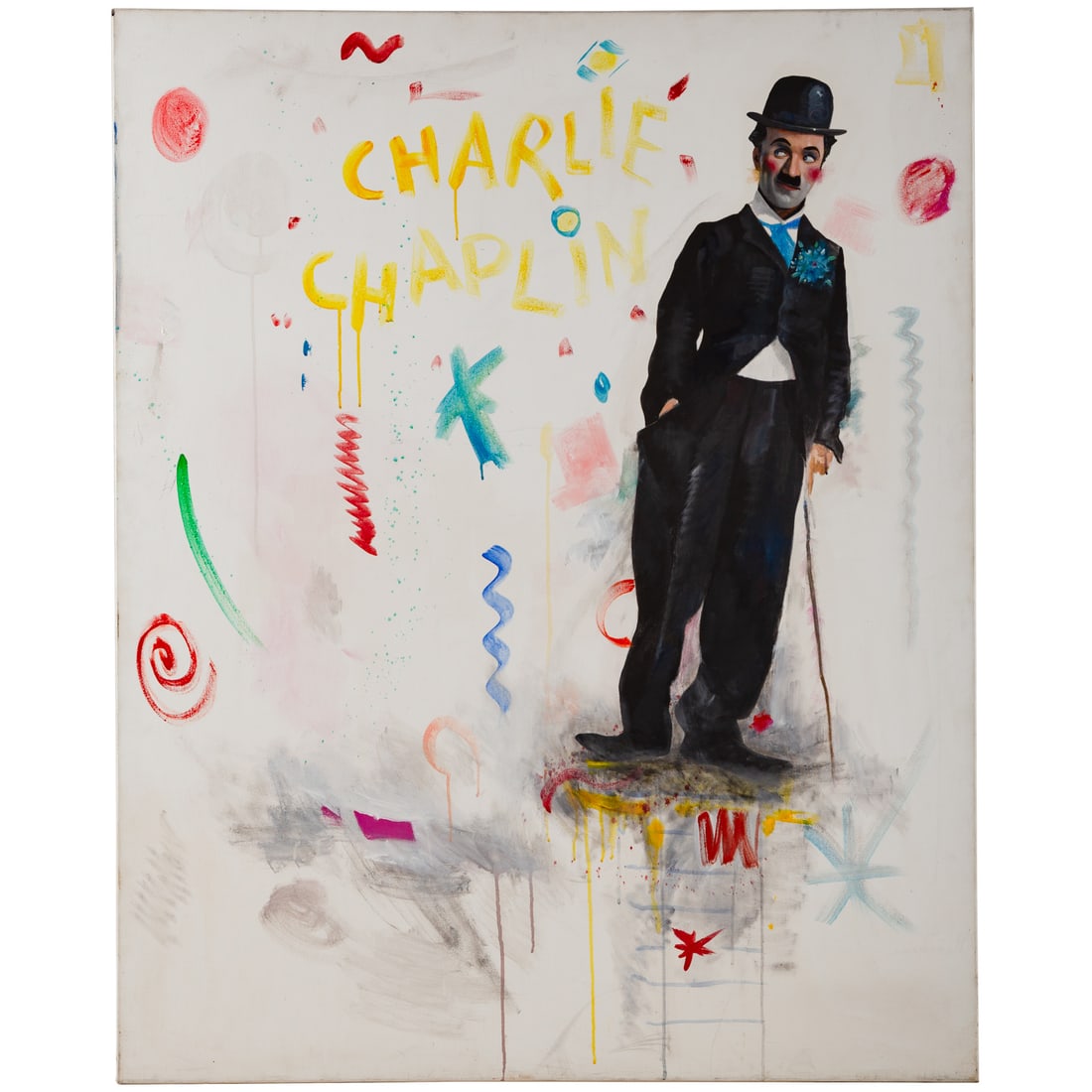 Sherry Wolf. Charlie Chaplin, acrylic: (American, Contemporary) Acrylic on canvas, prominently featuring a Charlie Chaplin caricature, canvas inscribed "Charlie Chaplin," image size: 60 x 48 in., unframed