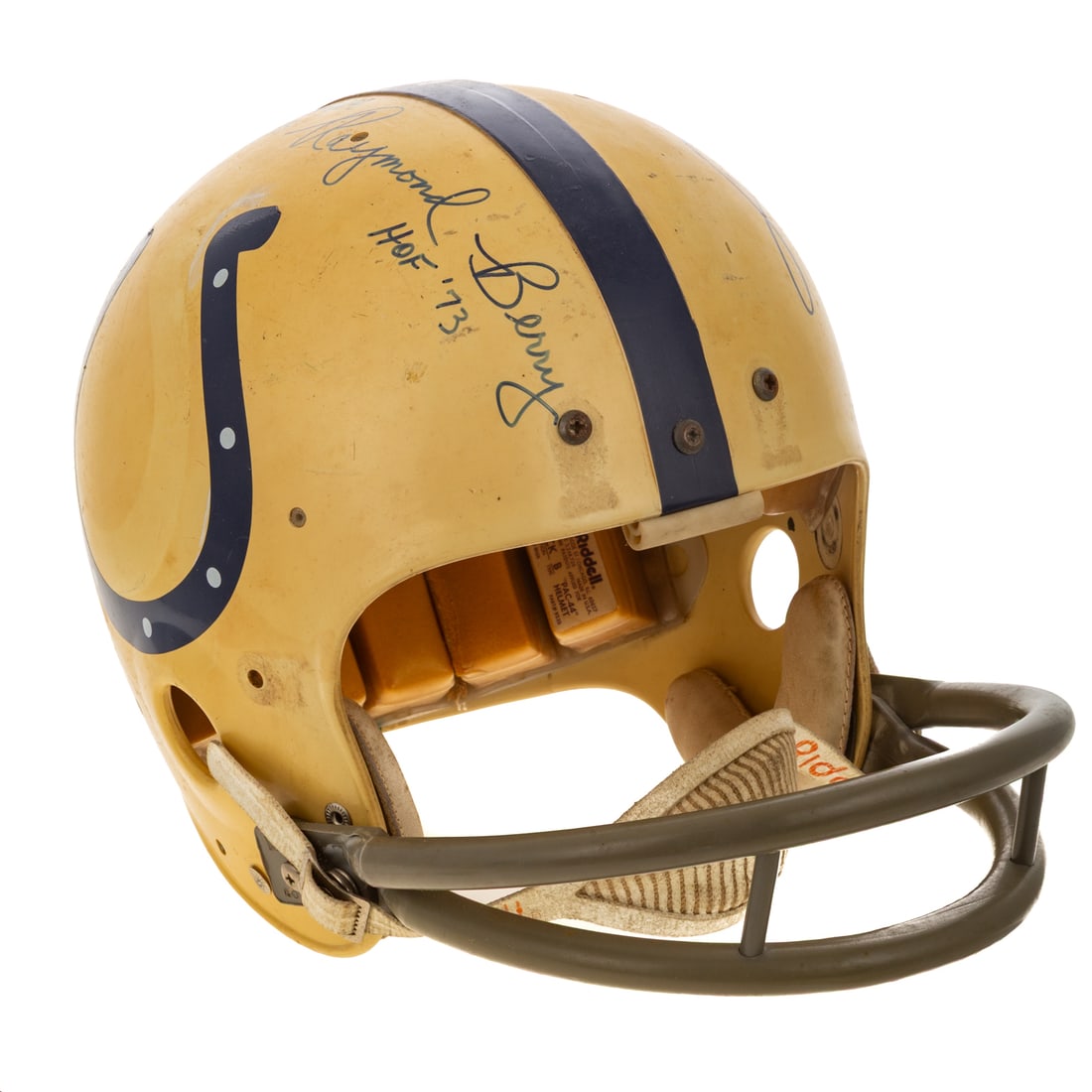 1975 Baltimore Colts Hall of Fame Signed Johnny Unitas Game-Used Helmet: Riddell size seven, game-used white helmet with #19 on the reverse; signed by all hall of famers: Johnny Unitas, Lydell Mitchell, Lenny Moore, Earl Morrall, and Raymond Berry. Includes a JSA letter of