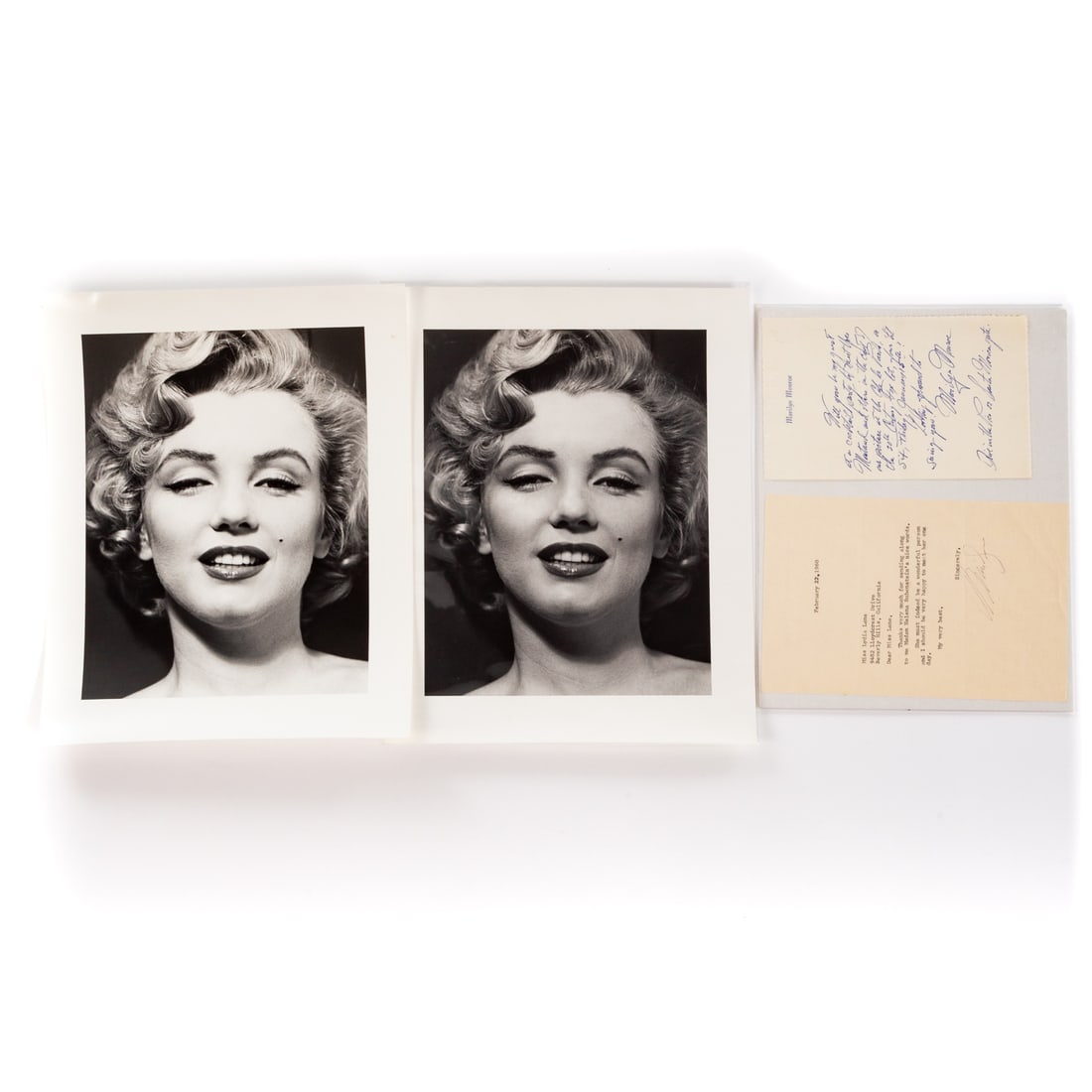 Marilyn Monroe, Two Autographed Letters: Including a letter from Marilyn Monroe inviting a guest to a 20th Century-Fox cocktail party, on her personal stationary, hand written and signed "Marilyn Monroe" at the bottom, sight size: 8 x 5 in.;