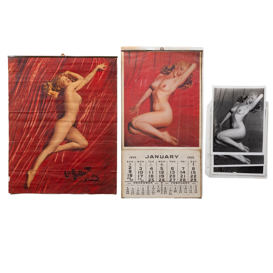 Tom Kelley. "Red Velvet," Playboy Poster: Comprising a vintage poster for La Jolla, Mens Slacks, featuring Tom Kelley's nude portrait of Marilyn Monroe titled "Red Velvet," sheet size: 20 1/2 x 16 in., unframed; a 1955 Marilyn Monroe playboy 