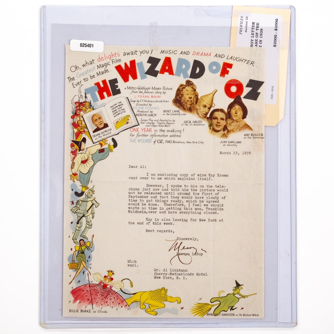1939 Release Announcement for "The Wizard of Oz": Producer Mervyn Leroy writes to Al Lichtman discussing the opening of "The Wizard of Oz," in September; dated 1939, on "The Wizard of Oz" stationary, signed "Mervyn," at bottom, sight size: 12 1/4 x 9
