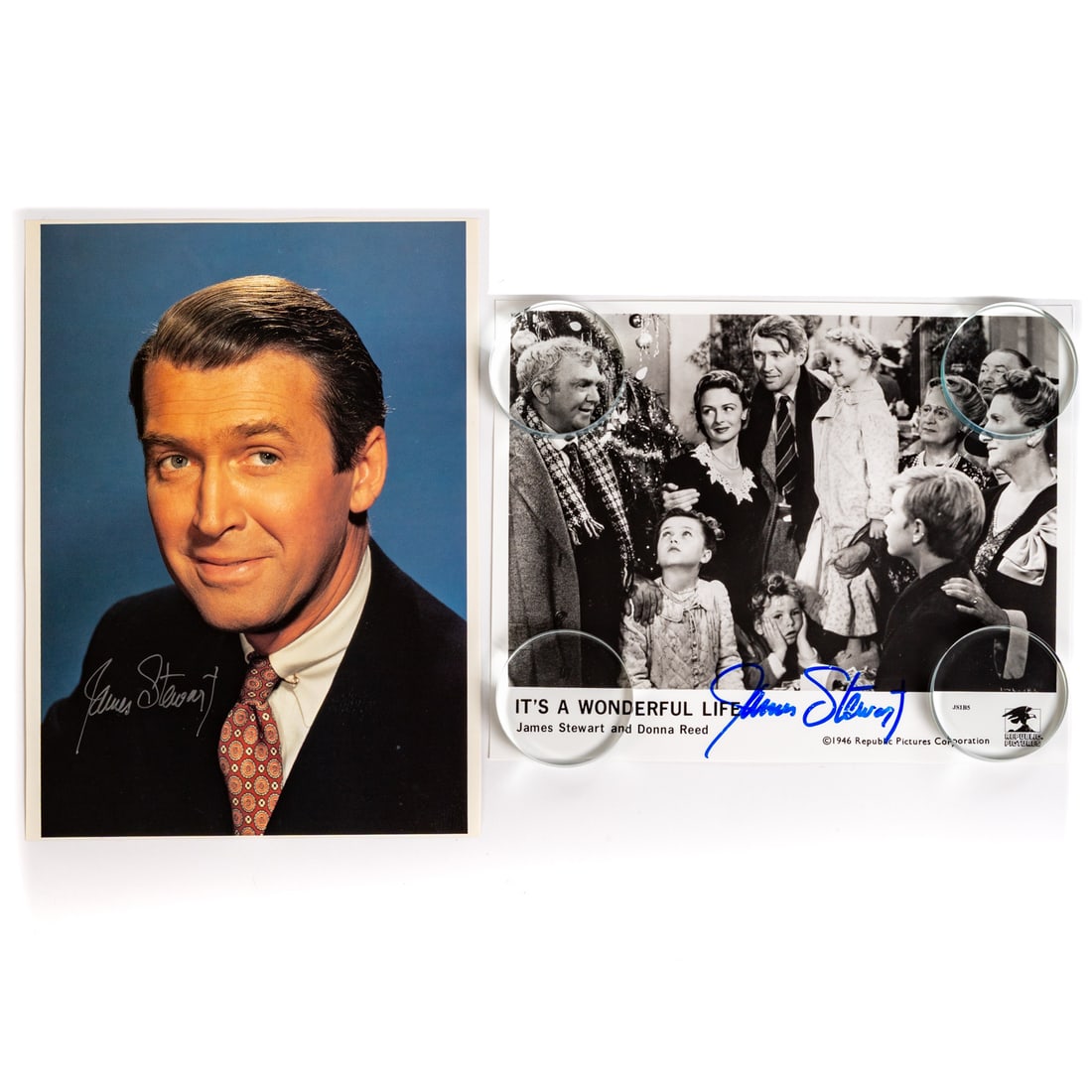 Two Signed Photographs of James Stewart: Comprising a color photo of James Stewart, signed, image size: 10 3/4 x 7 3/4 in., unframed, includes certificate of authenticity; and a photo of James Stewart in "It's a Wonderful Life" (dir. Frank C