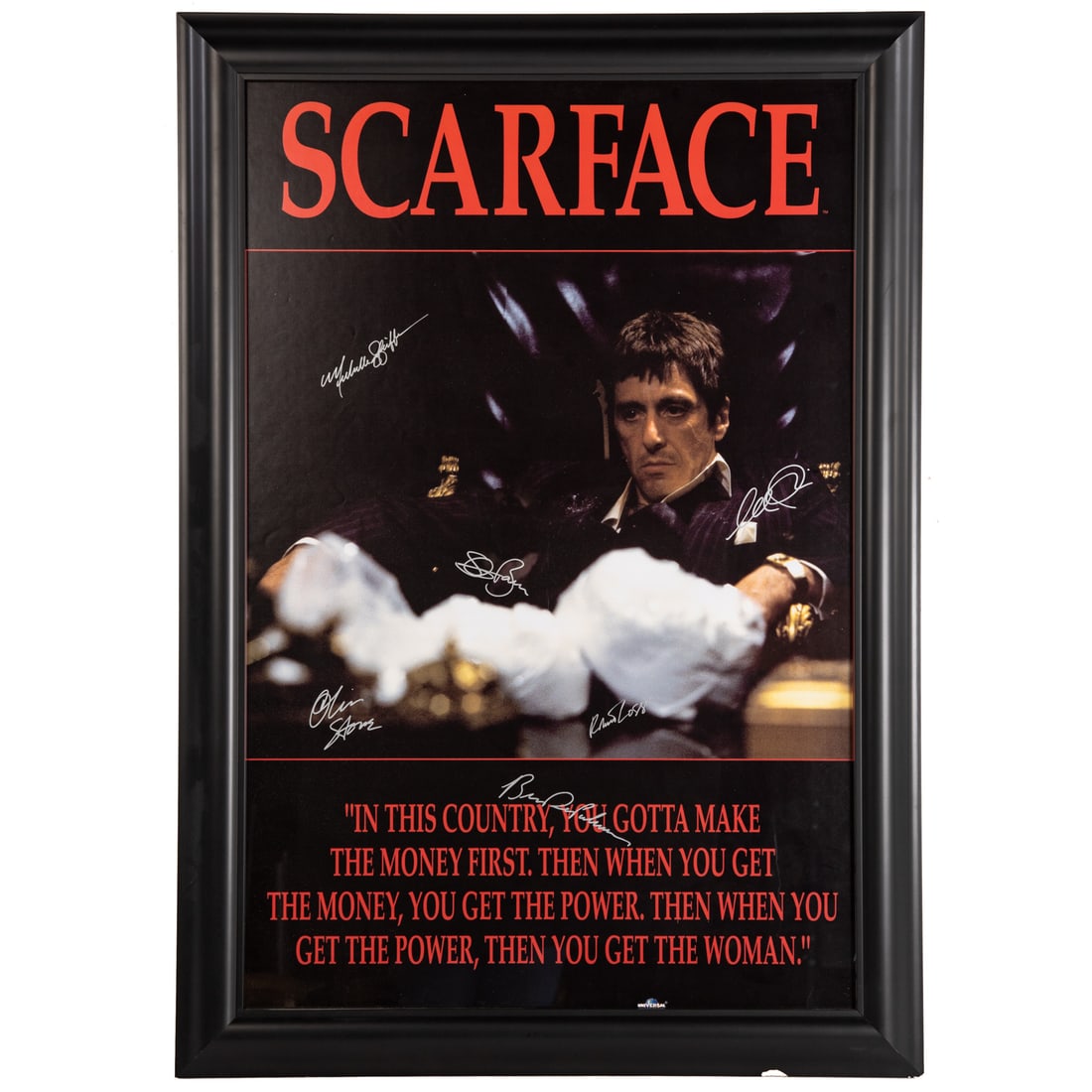 "Scarface" Signed Movie Poster: A signed movie poster of "Scarface" (dir. Brian De Palma, 1983), including signatures from Al Pacino, Michelle Pfeiffer, Mary Elizabeth Mastrantonio, Steven Bauer, and Brian De Palma, sight size: 35 1