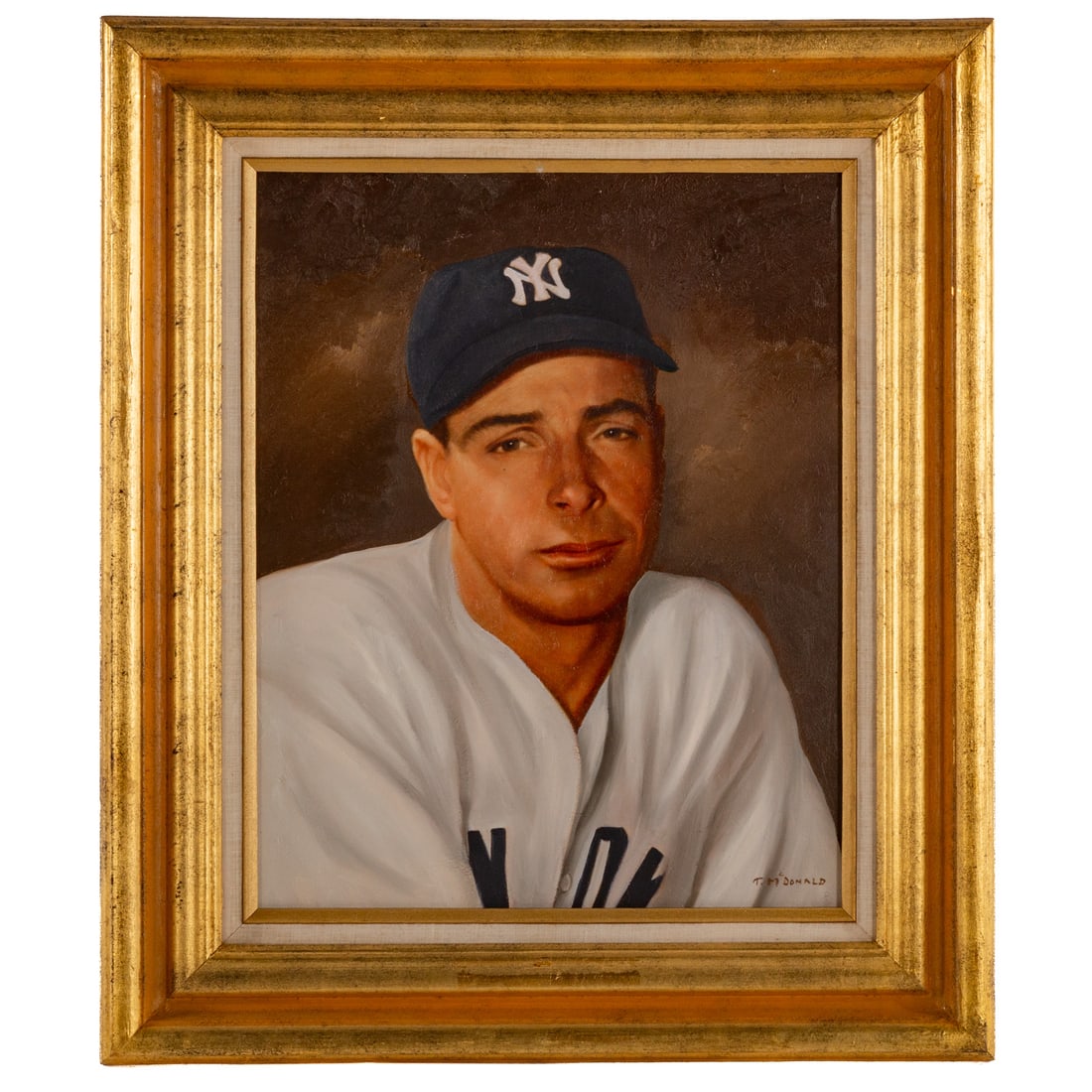 Tommy McDonald. Portrait of Joe DiMaggio, oil: Original oil on board painting of Joe DiMaggio in Yankees uniform by noted pro football player and Hall of Fame Tommy McDonald, sight size: 19 1/4 x 15 1/2 in., framed size: 27 3/4 x 24 in, includes l