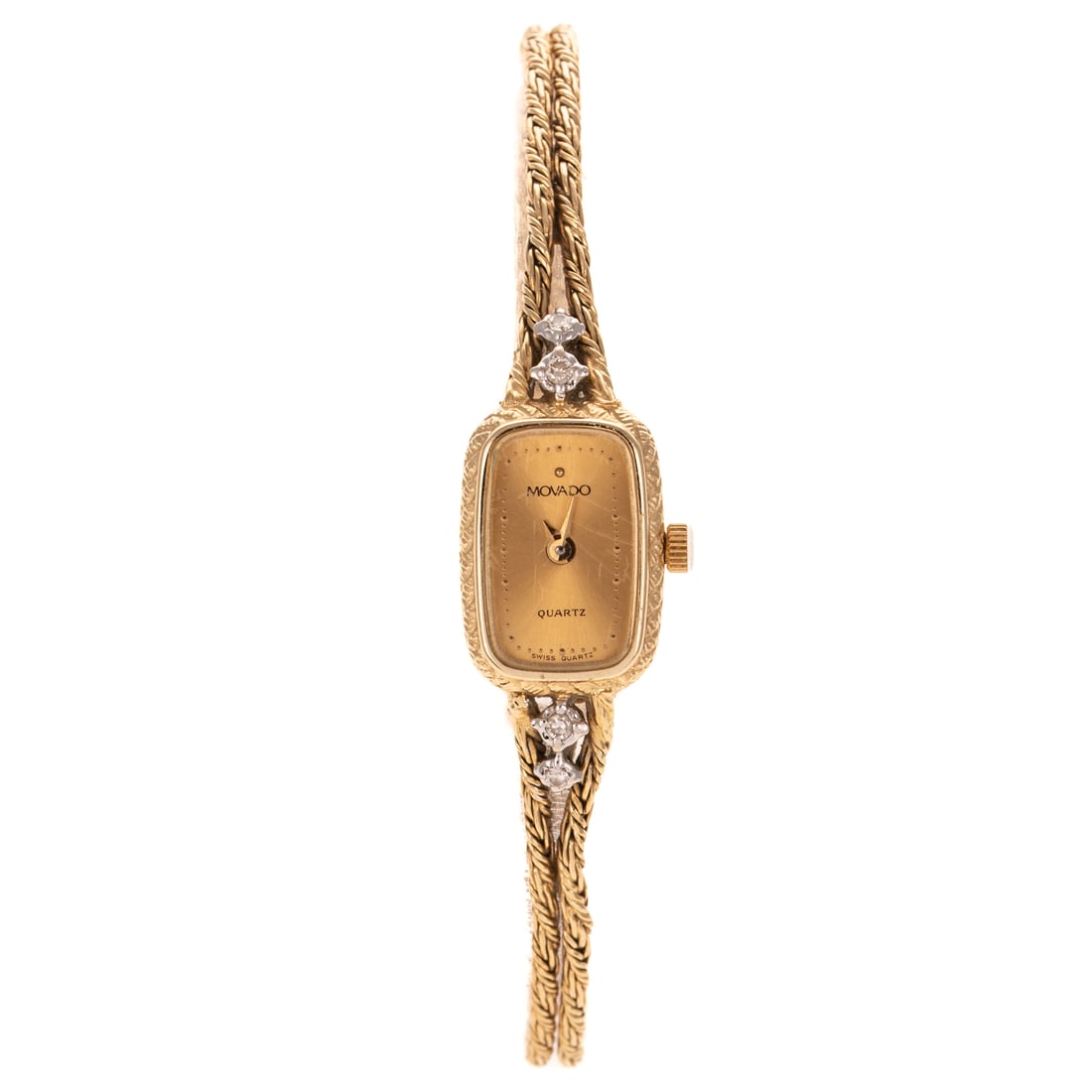 A Movado Cocktail Watch with Diamonds in 14K: 14K yellow gold cocktail wristwatch by Movado featuring a rectangular gilt dial with dot hour markers, approx. 15 x 10 mm, model D45, rope texture bezel, four round diamond accents and a double rope s