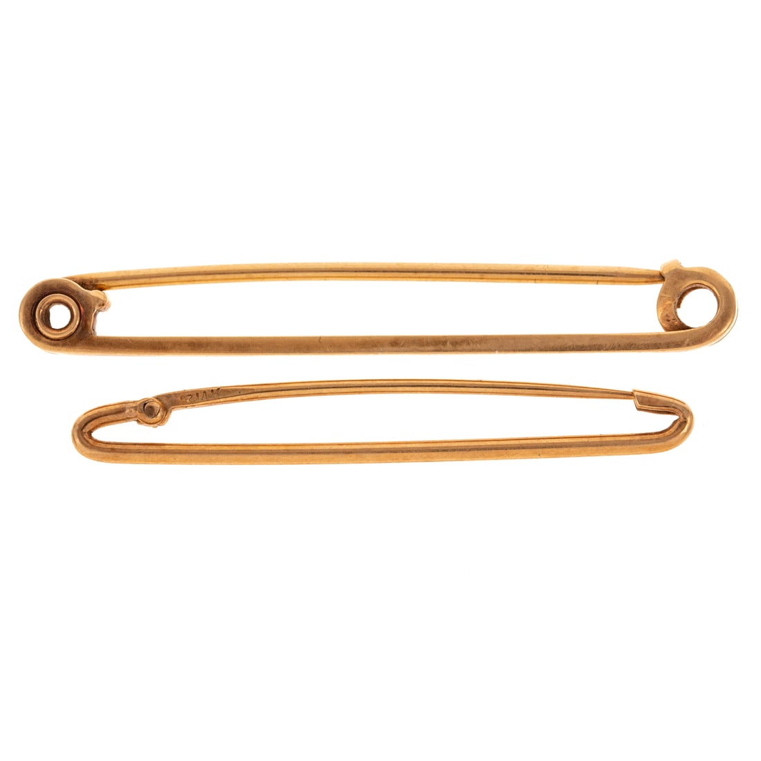 Two Yellow Gold Safety Pins in 14K: Vintage 14K yellow gold square wire safety pin, 2 in. L; together with a 14K yellow gold tubular wire safety pin, 1 3/4 in. L, 5.5 grams tw